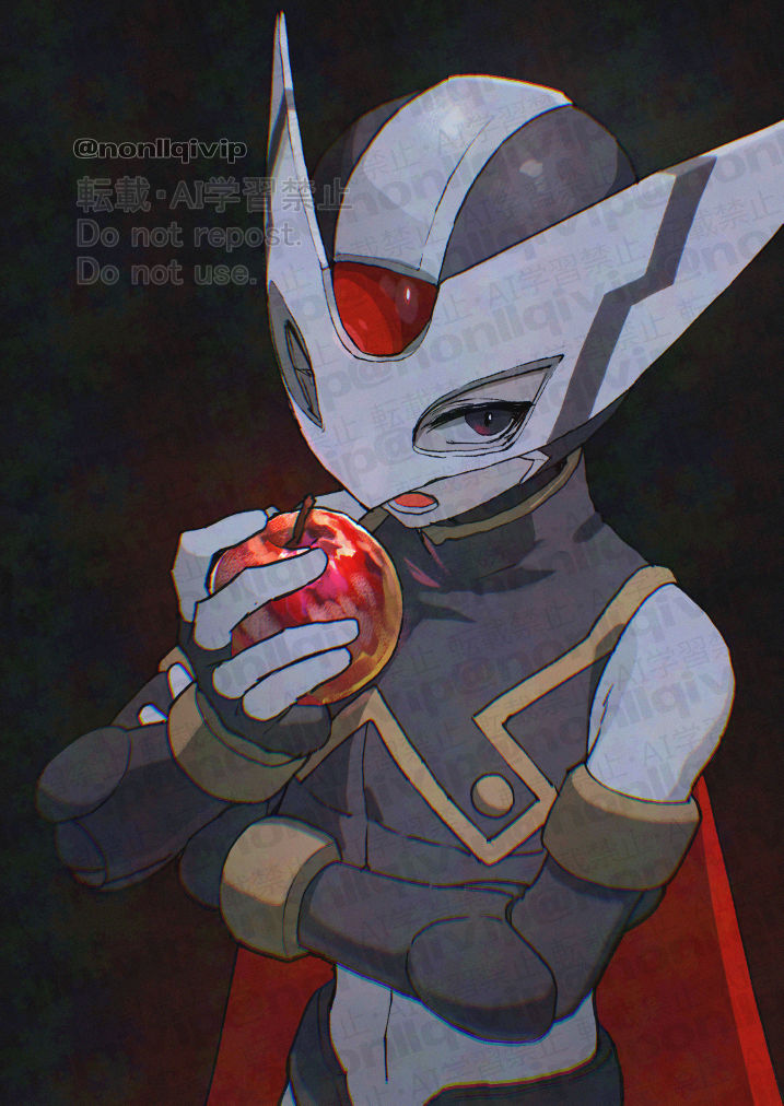 yamanashi taiki, hidden phantom (mega man), mega man (series), mega man zero (series), 1boy, apple, armor, black armor, black background, black eyes, black helmet, food, forehead jewel, fruit, helmet, holding, holding food, holding fruit, male focus, red scarf, scarf, simple background, solo, watermark