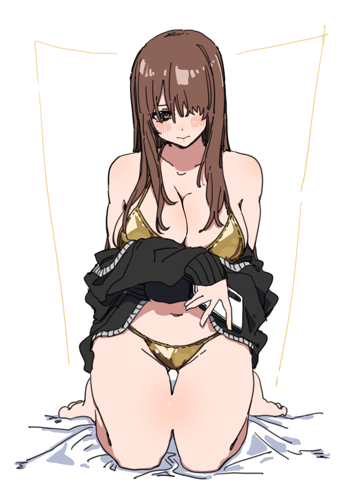 durindana 7, original, highres, tagme, bikini, breasts, brown eyes, brown hair, cellphone, gold bikini, hair over one eye, large breasts, long hair, navel, phone, simple background, smartphone, swimsuit, white background