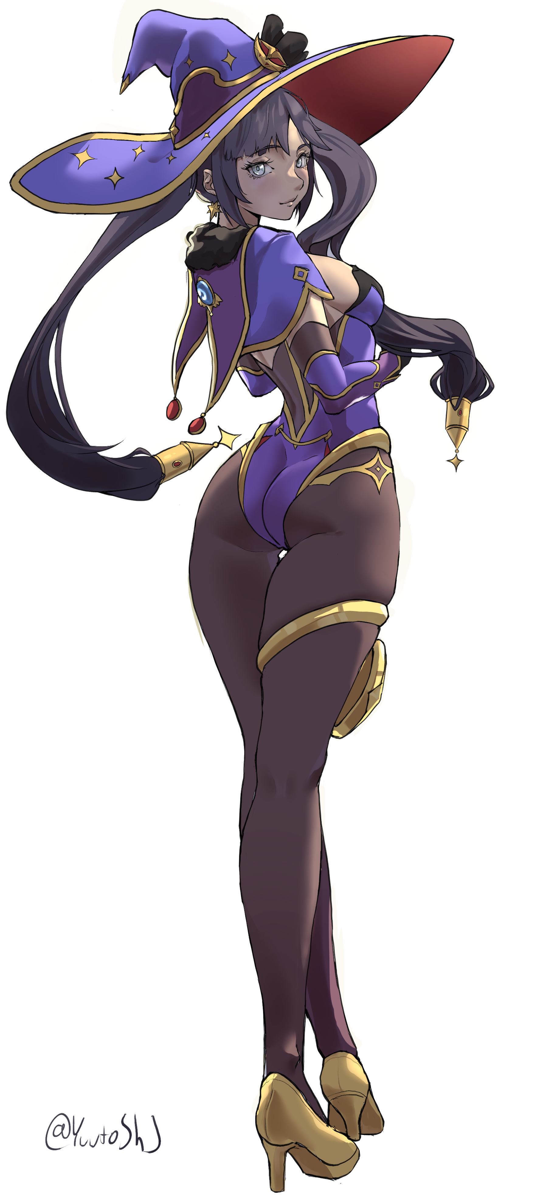 yuutosj, mona (genshin impact), genshin impact, absurdres, highres, 1girl, aqua eyes, ass, black gloves, black hair, bodystocking, breasts, capelet, closed mouth, crossed legs, floating hair, from behind, full body, fur-trimmed capelet, fur trim, gloves, gold trim, hat, high heels, jewelry, leotard, long hair, looking back, medium breasts, purple leotard, simple background, smile, solo, standing, thigh gap, thighlet, thighs, twintails, twitter username, very long hair, vision (genshin impact), watson cross, white background, witch hat