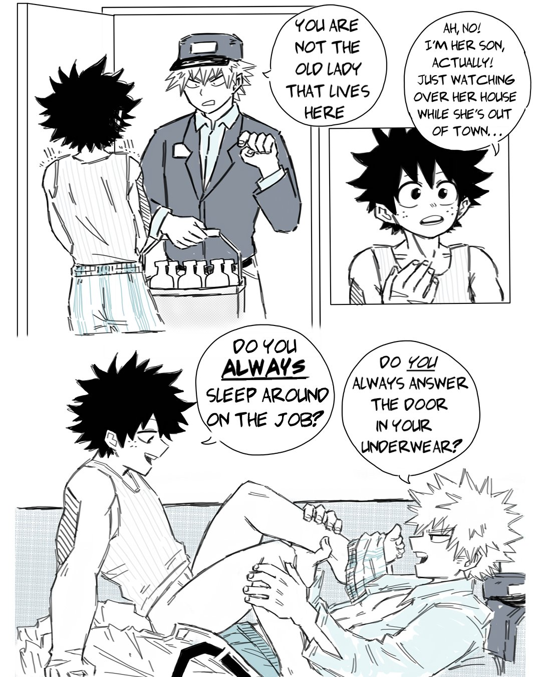 bakuverde, bakugou katsuki, midoriya izuku, boku no hero academia, 3koma, abs, bakudeku, bottle, comic, couch, curly hair, delivery man, door, feet, freckles, hat, legs, lying, milk bottle, pectorals, scar, sex, shirt, sitting, sleeveless, sleeveless shirt, spiked hair, underwear