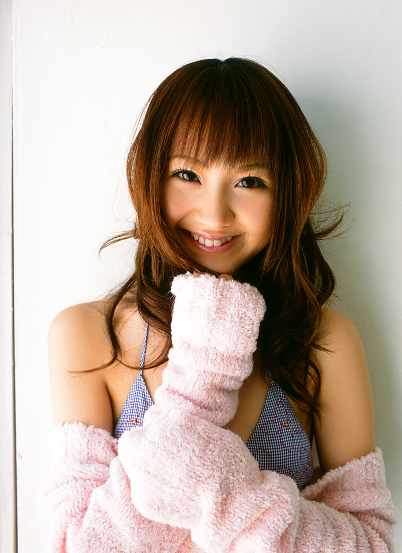 hamada shoko, photo (medium), tagme, 1girl, asian, bikini, brown hair, female focus, happy, indoors, long hair, looking at viewer, smile, solo, sweater, swimsuit