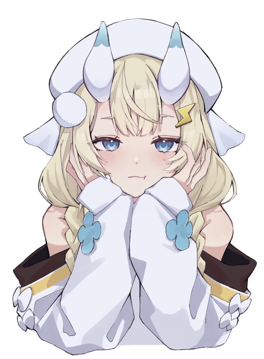 kadou mikaru, nijisanji, highres, 0 nem6, 1girl, :t, bare shoulders, blonde hair, blue eyes, blue horns, blush, bow, braid, cropped shoulders, detached sleeves, hair ornament, hair over shoulder, hands on own cheeks, hands on own face, hat, horns, japanese clothes, lightning bolt, lightning bolt hair ornament, lightning bolt symbol, long sleeves, looking at viewer, low twin braids, multicolored horns, no jacket, pom pom (clothes), pom pom hair ornament, puffy long sleeves, puffy sleeves, sidelocks, simple background, smile, solo, twin braids, two-tone horns, virtual youtuber, white background, white bow, white hat, white horns