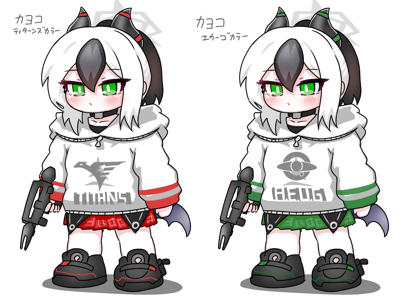 tomimon, gm ii, kayoko (blue archive), blue archive, gundam, zeta gundam, commentary request, translation request, 1girl, aeug, beam rifle, black hair, black shoes, blush, closed mouth, collarbone, emblem, energy gun, green eyes, green skirt, grey wings, gun, hair between eyes, halo, holding, holding gun, holding weapon, hood, hood down, hoodie, horns, logo, long sleeves, low wings, multicolored hair, multiple views, plaid clothes, plaid skirt, pleated skirt, ponytail, puffy long sleeves, puffy sleeves, red skirt, science fiction, shadow, shoes, simple background, single wing, skirt, sleeves past wrists, titans (gundam), two-tone hair, weapon, white background, white hair, white hoodie, wings