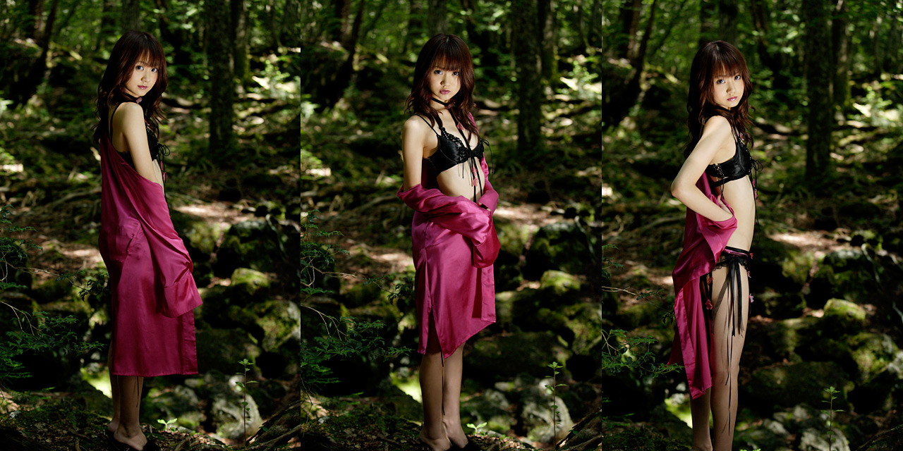 hamada shoko, photo (medium), 1girl, asian, bra, brown hair, female focus, forest, lace, lingerie, long hair, looking at viewer, nature, open clothes, open robe, outdoors, panties, robe, solo, underwear