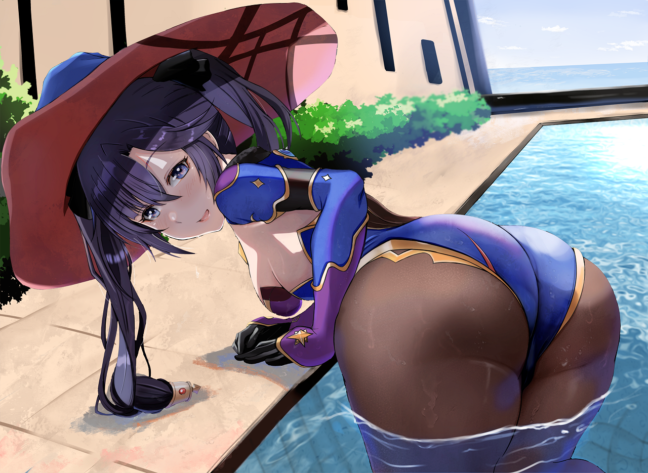 hikaru (galaxy), mona (genshin impact), genshin impact, 1girl, :d, ass, ass focus, bent over, black gloves, black hair, blue eyes, blue leotard, breasts, brown pantyhose, from behind, gloves, gold trim, hat, leotard, looking at viewer, looking back, medium breasts, open mouth, pantyhose, pool, small breasts, smile, solo, twintails, vision (genshin impact), wading, water, witch hat