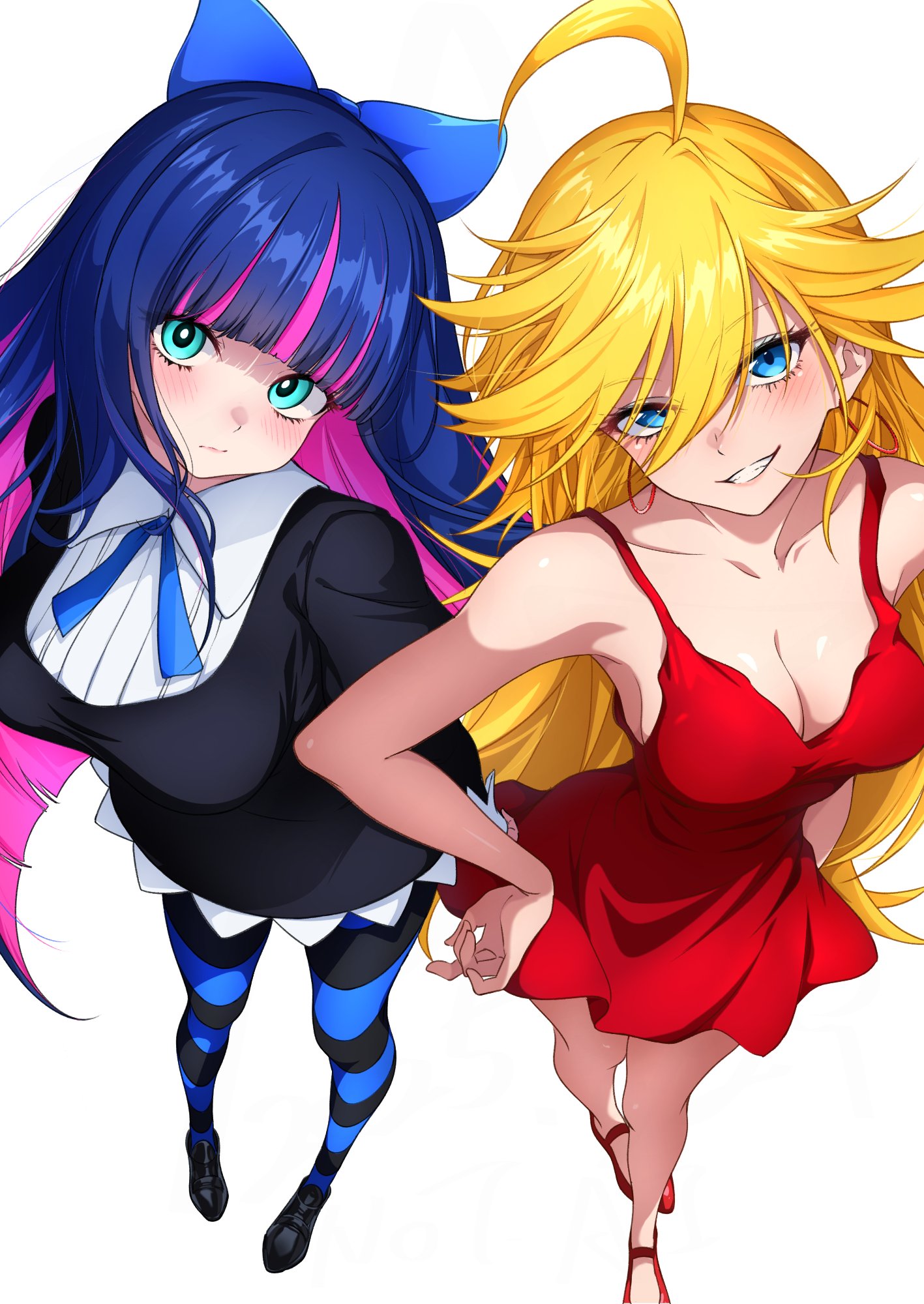 nishizuki shino, panty (psg), stocking (psg), panty & stocking with garterbelt, commentary, highres, 2girls, ahoge, bare shoulders, black dress, black shoes, blonde hair, blue bow, blue eyes, blue hair, blue pantyhose, blue ribbon, blunt bangs, blush, bow, breasts, cleavage, closed mouth, collarbone, collared shirt, colored inner hair, dress, earrings, from above, full body, grin, hair between eyes, hair bow, hand on own hip, hoop earrings, jewelry, large breasts, long hair, looking at viewer, medium breasts, multicolored hair, multiple girls, neck ribbon, no socks, pantyhose, pink hair, red dress, red shoes, ribbon, shirt, shoes, short dress, siblings, simple background, sisters, sleeveless, sleeveless dress, smile, striped clothes, striped pantyhose, swept bangs, two-tone hair, very long hair, white background, white shirt
