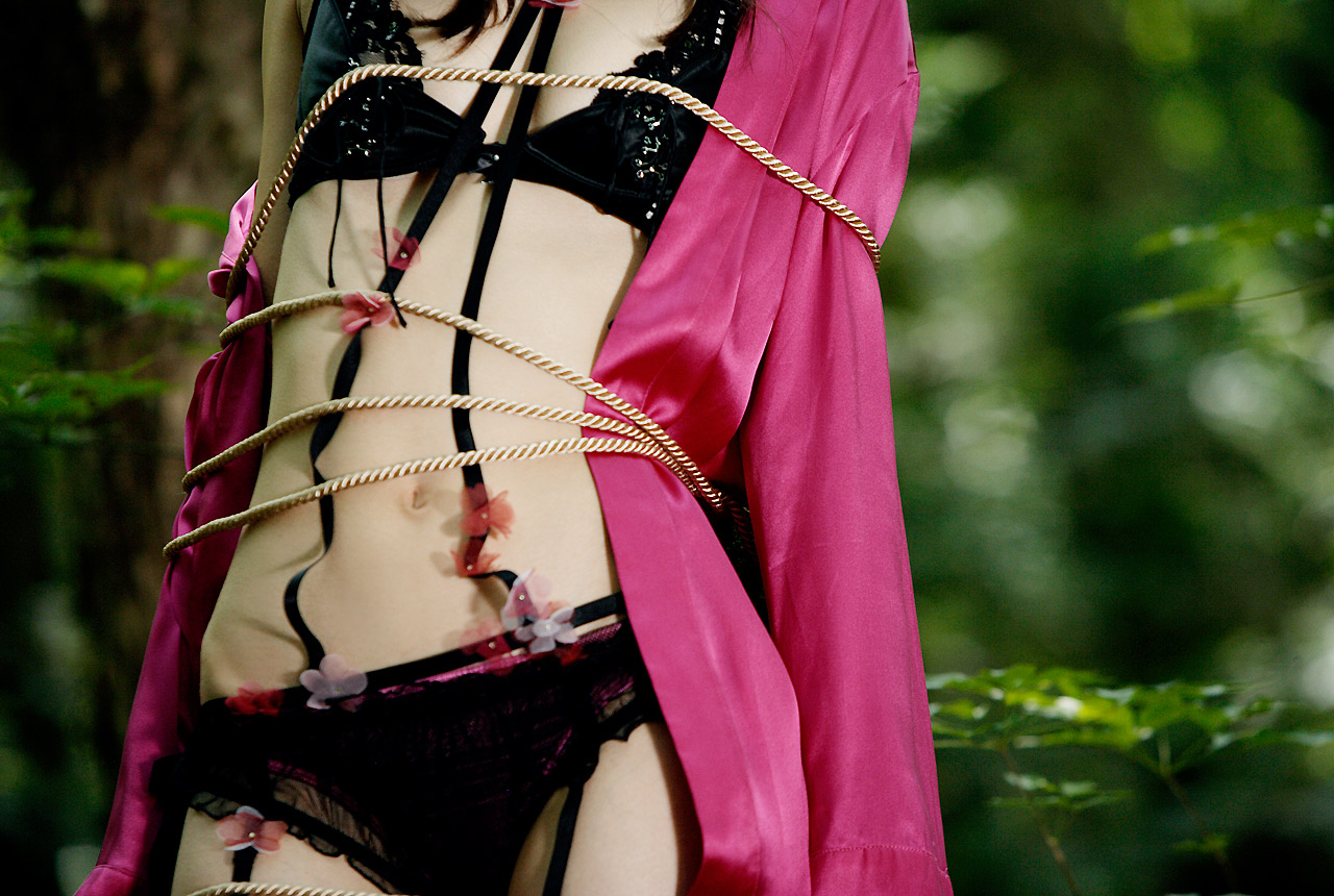 hamada shoko, photo (medium), 1girl, asian, bdsm, bondage, bound, bra, breasts, brown hair, female focus, lace, lingerie, long hair, open clothes, open robe, outdoors, panties, robe, small breasts, solo, underwear