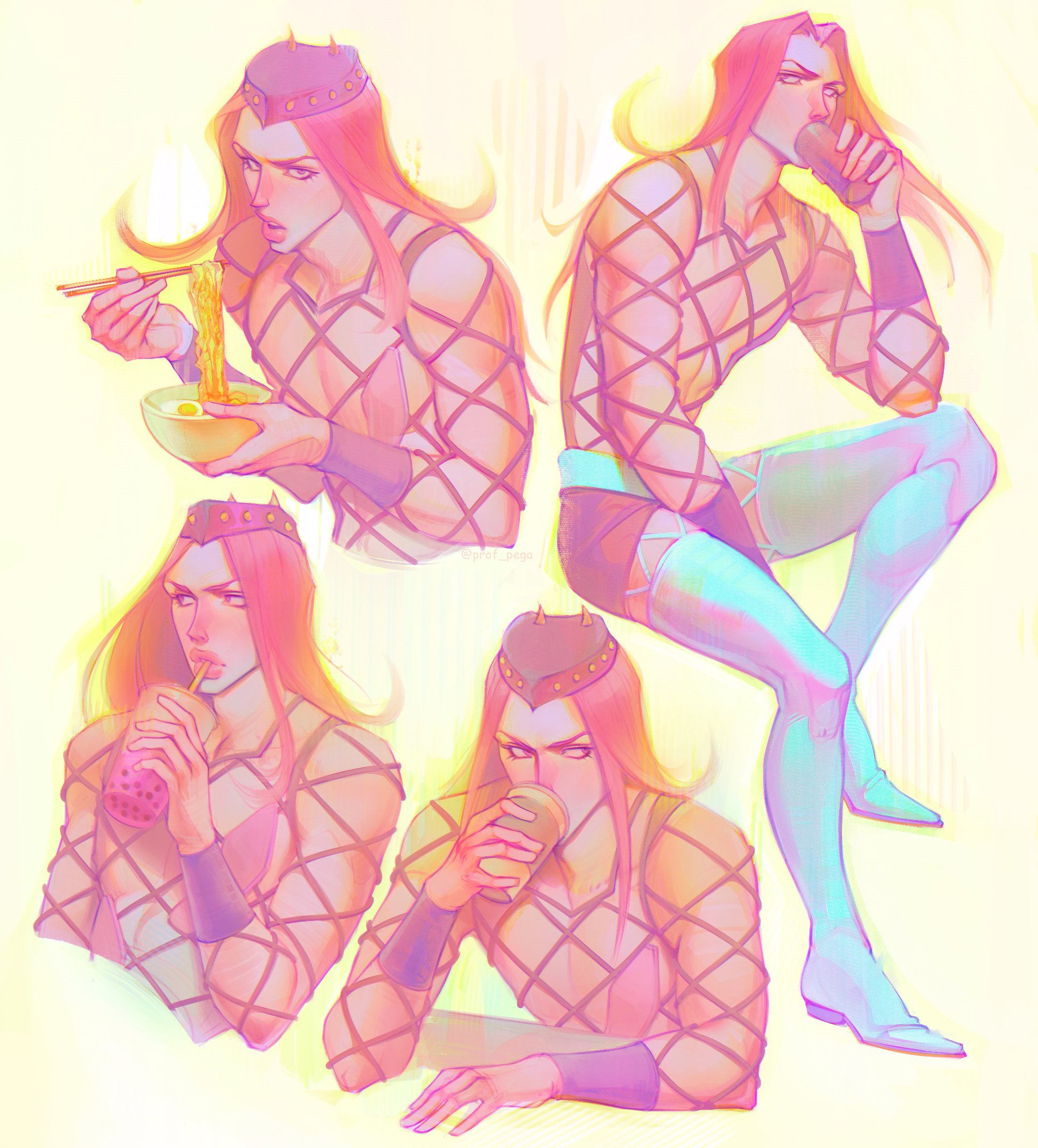 narciso anasui, jojo no kimyou na bouken, stone ocean, hashtag-only commentary, highres, 1boy, belt, blue belt, blue thighhighs, boots, bowl, bracer, brown skirt, bubble tea, chopsticks, cropped torso, cup, cup ramen, disposable cup, drinking, drinking straw, eating, fishnet top, fishnets, food, hat, holding, holding chopsticks, horned hat, long hair, male focus, multiple views, noodles, pink eyes, pink hair, pink lips, prof pega, purple hat, ramen, skirt, thigh boots, thighhighs