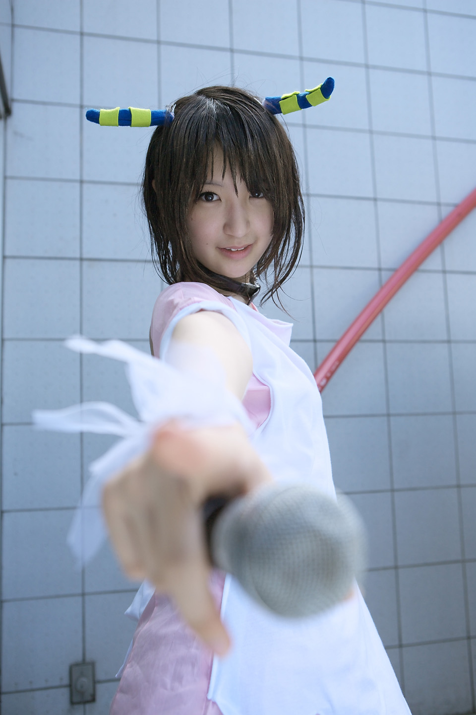 richi, linda (boku to maou), boku to maou, highres, photo (medium), apron, cosplay, dress, horns, microphone