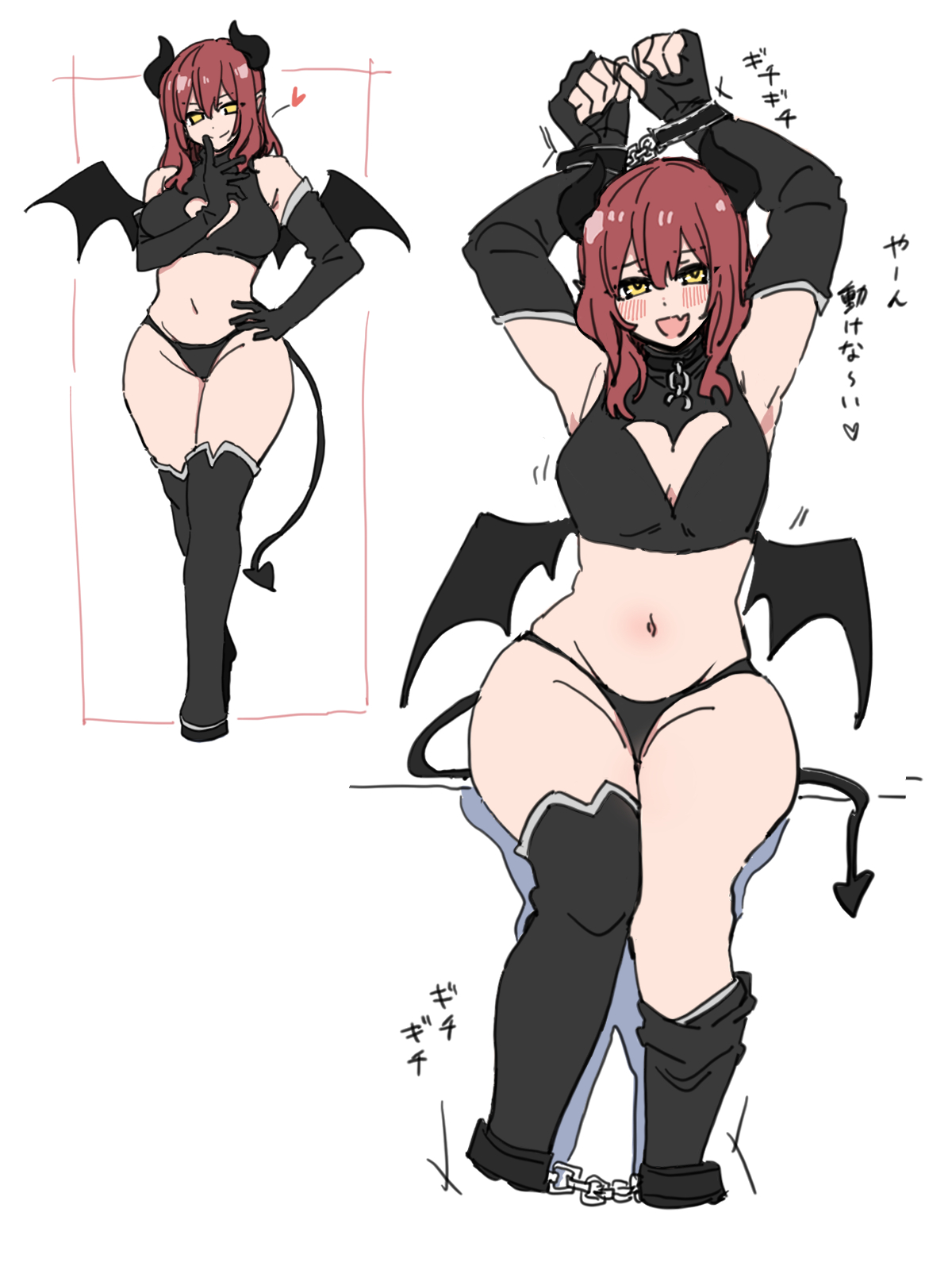 durindana 7, original, highres, tagme, bat wings, black thighhighs, cuffs, demon girl, demon horns, demon tail, finger to mouth, fingerless gloves, gloves, handcuffs, heart, horns, midriff, pointy ears, red hair, simple background, sitting, tail, thighhighs, thighs, white background, wings, yellow eyes