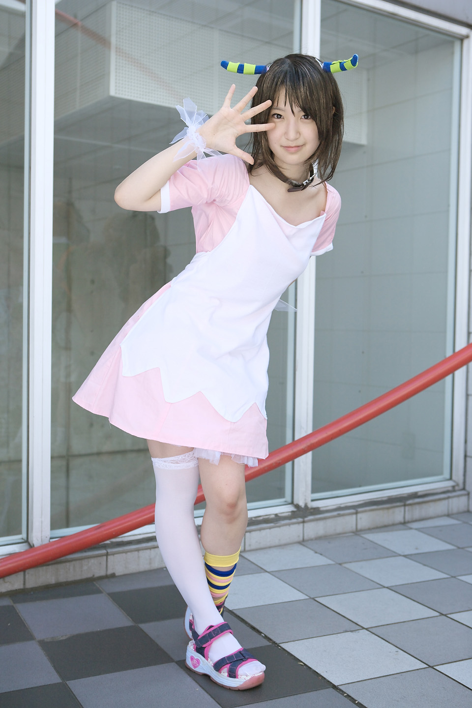 richi, linda (boku to maou), boku to maou, highres, photo (medium), apron, cosplay, dress, horns, kneehighs, single sock, socks