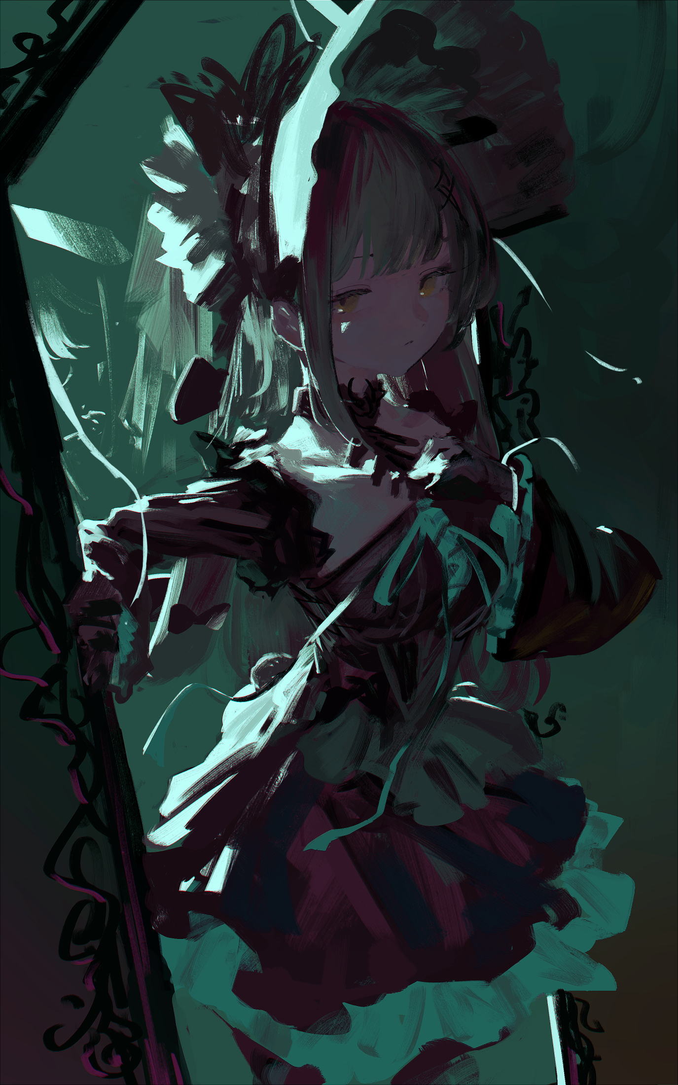 lemtun, wakaba mutsumi, arknights, bang dream!, bang dream! it's mygo!!!!!, commentary, highres, symbol-only commentary, 1girl, black dress, bonnet, dress, green hair, hand on own chest, long hair, long sleeves, looking at viewer, picture frame, sidelocks, solo, wakaba mutsumi (marionette's id), yellow eyes