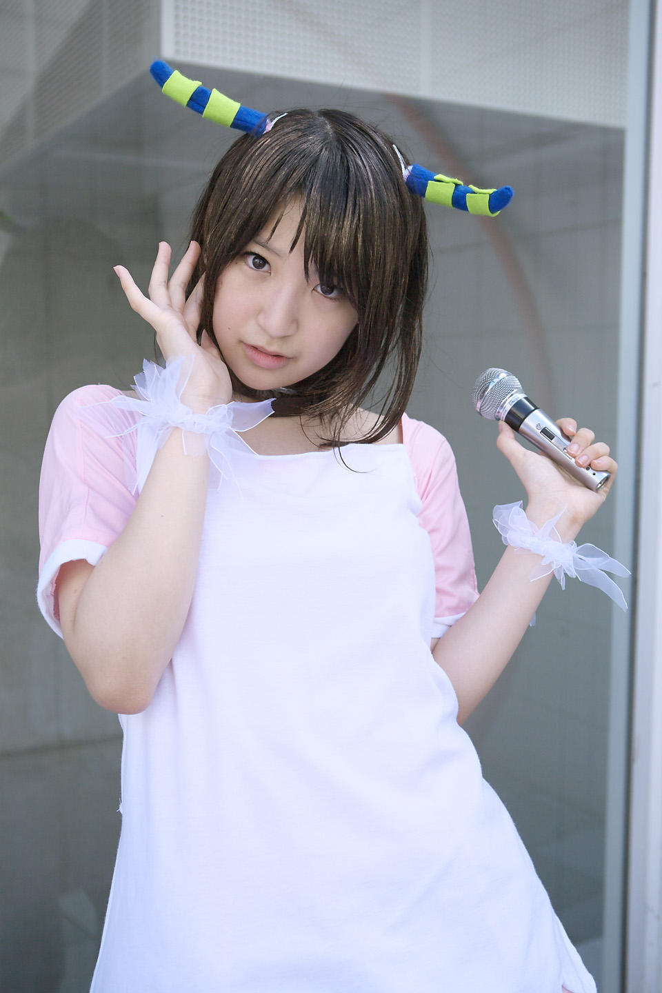 richi, linda (boku to maou), boku to maou, highres, photo (medium), apron, cosplay, dress, horns, microphone