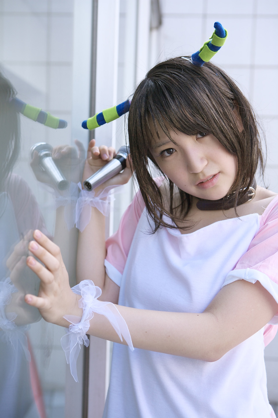 richi, linda (boku to maou), boku to maou, highres, photo (medium), apron, cosplay, dress, horns, microphone