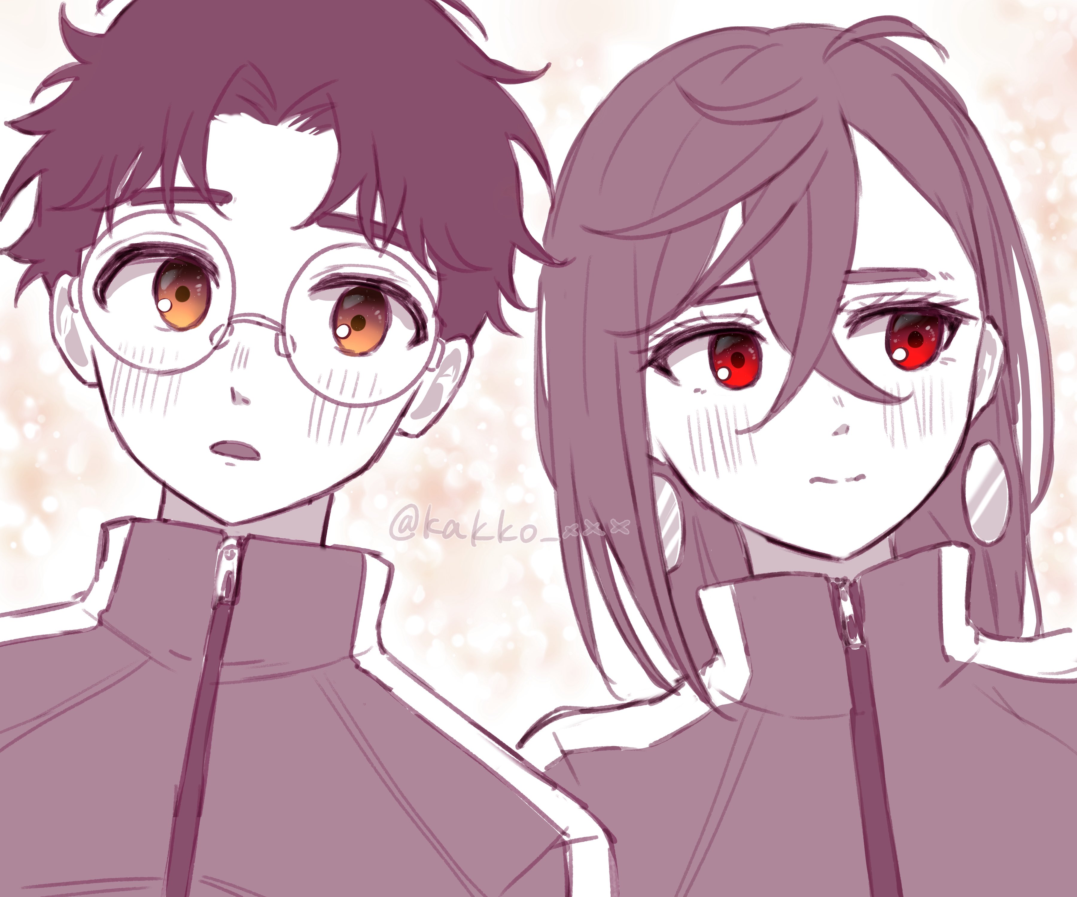 ayase momo, takakura ken (dandadan), dandadan, absurdres, commentary, highres, symbol-only commentary, 1boy, 1girl, averting eyes, blush, brown eyes, closed mouth, crossed bangs, earrings, gakuran, glasses, hair behind ear, hair between eyes, jacket, jewelry, kakko xxx, looking at viewer, medium hair, messy hair, official alternate costume, open mouth, red eyes, round eyewear, school uniform, short hair, track jacket, twitter username, upper body, zipper