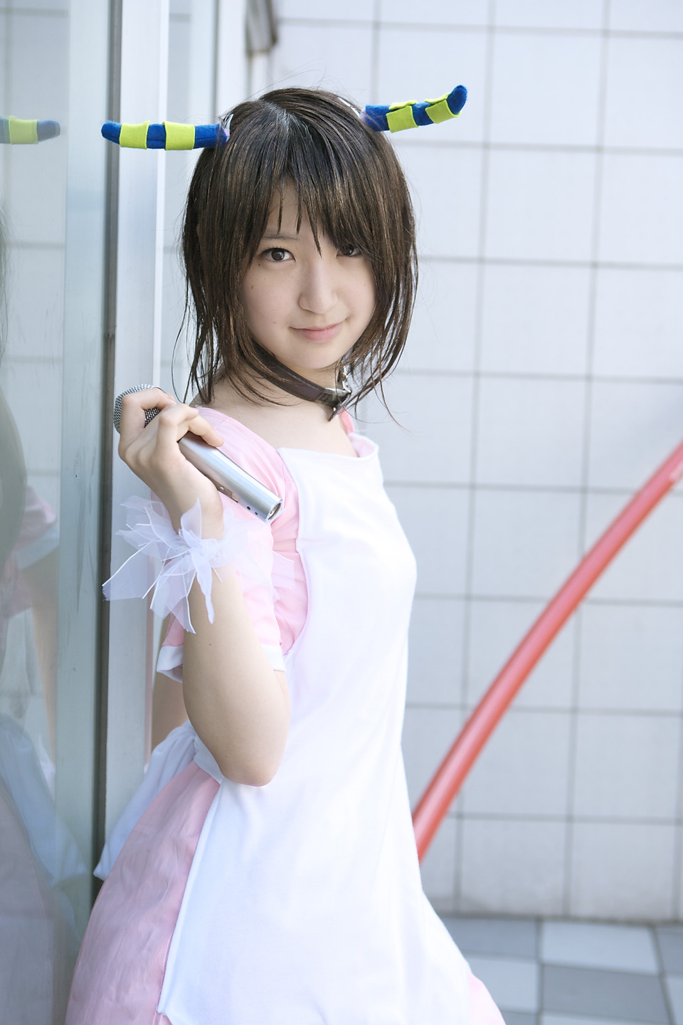 richi, linda (boku to maou), boku to maou, highres, photo (medium), apron, cosplay, dress, horns, microphone