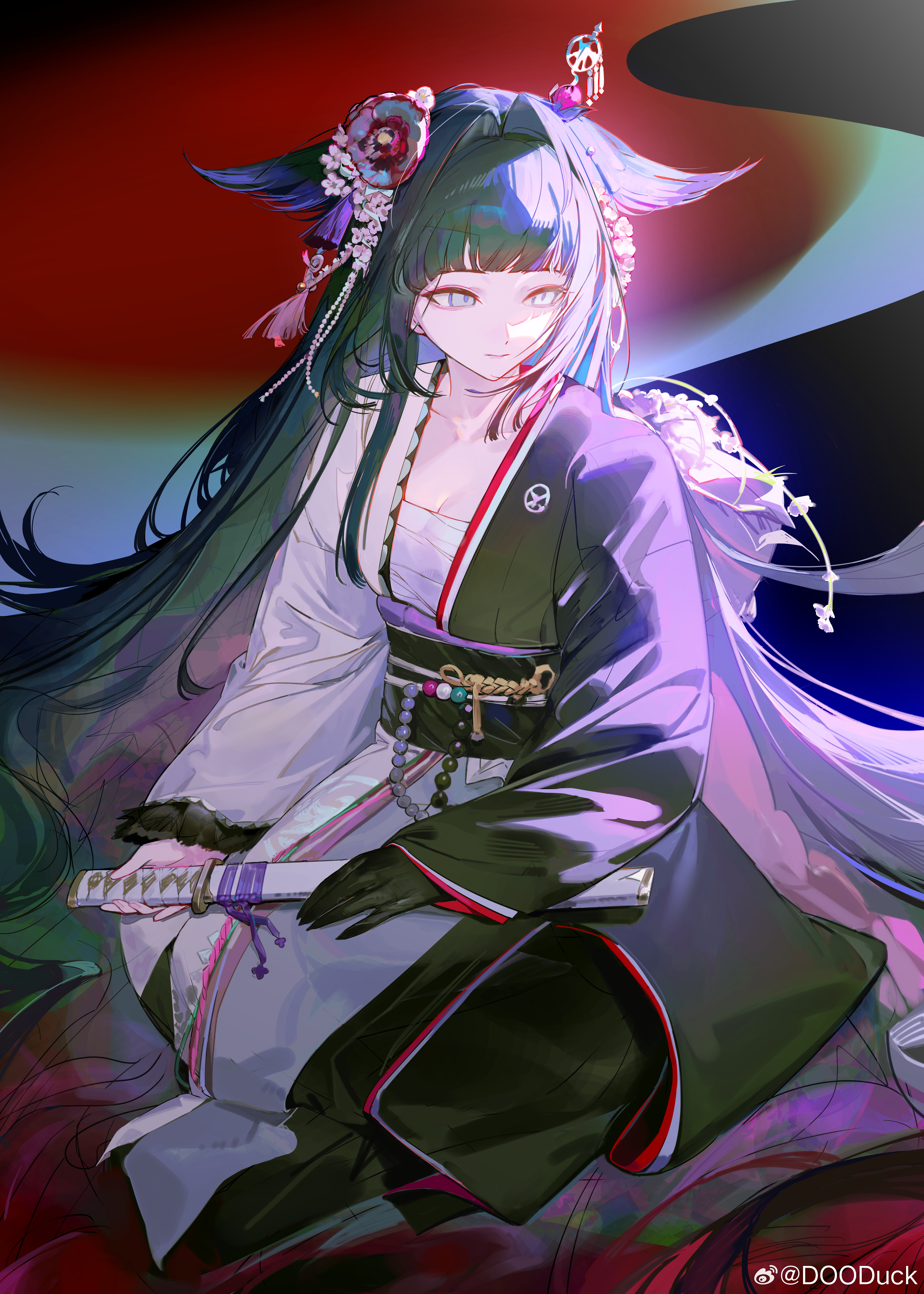dooduck, mio (arknights), arknights, absurdres, commentary, hashtag-only commentary, highres, 1girl, black gloves, black hair, black sash, breasts, chest sarashi, cleavage, closed mouth, flower, gloves, hair flower, hair intakes, hair ornament, hair wings, holding, holding sword, holding weapon, long hair, looking to the side, obi, obiage, obijime, sarashi, sash, sheath, sheathed, short sword, single glove, solo, split-color clothes, sword, two-tone kimono, very long hair, wakizashi, watermark, weapon, weibo watermark