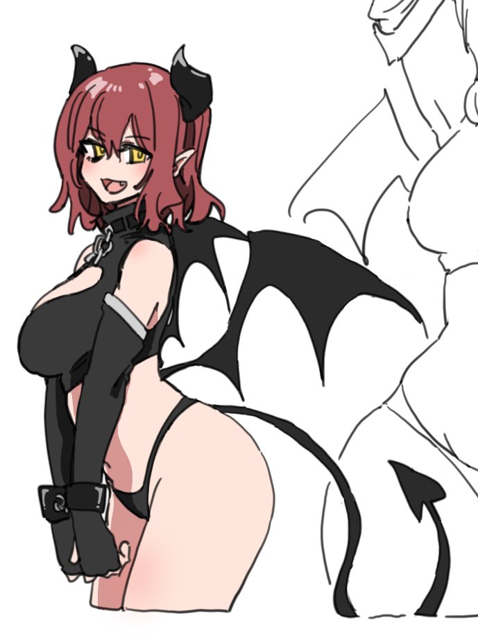 durindana 7, original, tagme, bat wings, black thighhighs, cuffs, demon girl, demon horns, demon tail, fang, fingerless gloves, gloves, handcuffs, horns, midriff, pointy ears, red hair, simple background, tail, thighhighs, thighs, white background, wings, yellow eyes