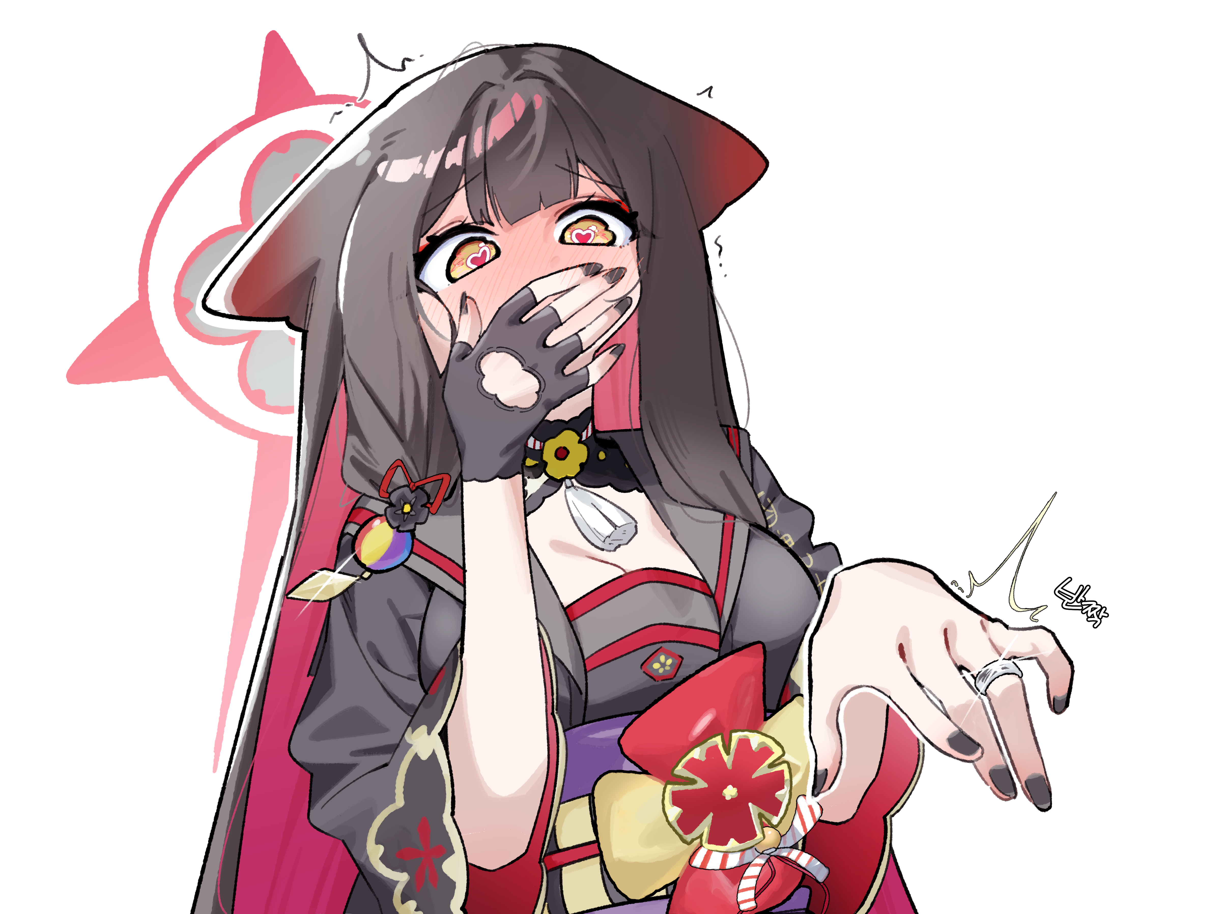 smsm516, wakamo (blue archive), blue archive, absurdres, highres, 1girl, animal ears, black gloves, black hair, black kimono, black nails, black sailor collar, colored inner hair, fingerless gloves, fox ears, fox girl, gloves, heart, heart-shaped pupils, japanese clothes, jewelry, kimono, multicolored hair, obi, purple sash, red hair, ring, sailor collar, sash, solo, symbol-shaped pupils, two-tone hair, wedding ring, yellow eyes