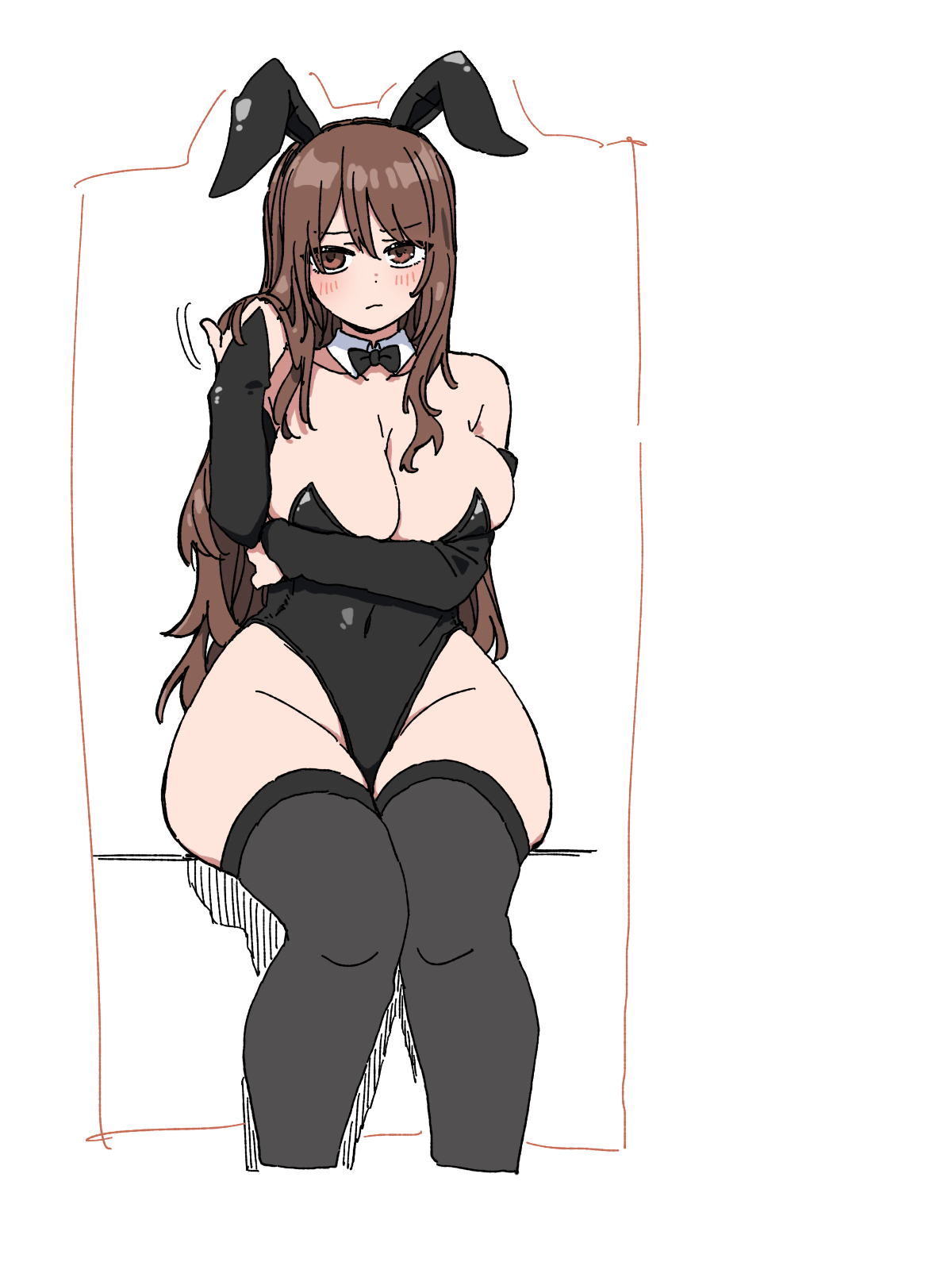 durindana 7, original, highres, tagme, black thighhighs, blush, breasts, brown eyes, brown hair, large breasts, leotard, long hair, playboy bunny, simple background, sitting, thighhighs, white background