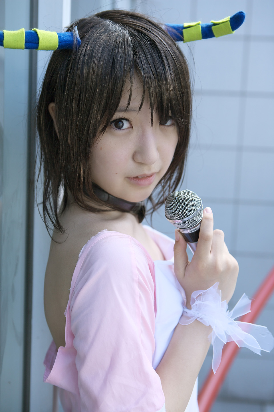 richi, linda (boku to maou), boku to maou, highres, photo (medium), apron, cosplay, dress, horns, microphone