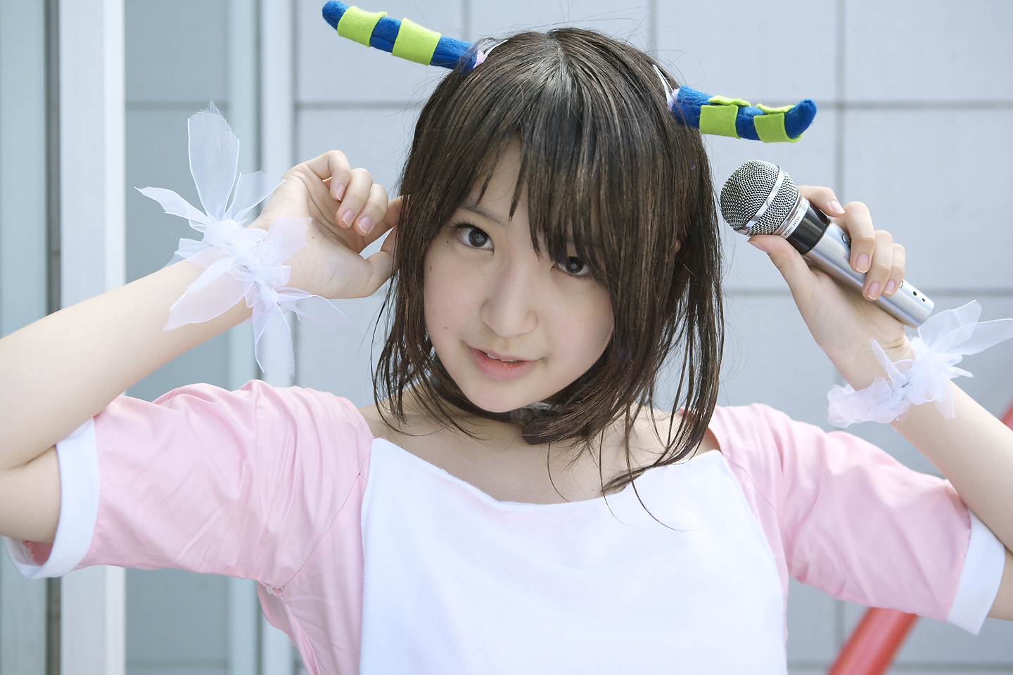 richi, linda (boku to maou), boku to maou, photo (medium), apron, cosplay, dress, horns, microphone