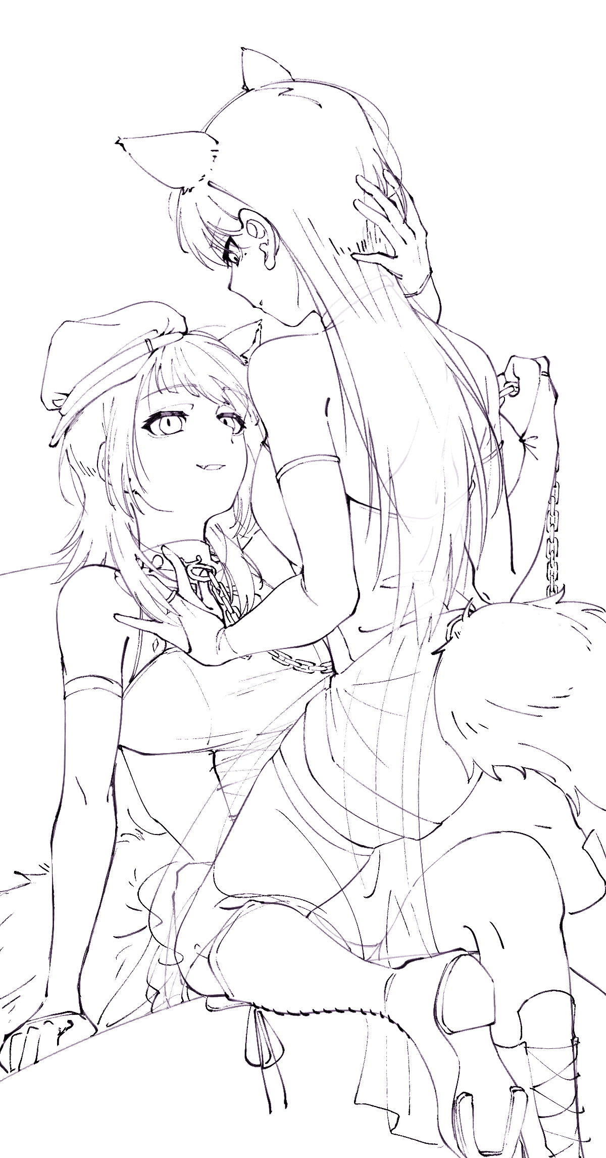 doki (oox3o), shiina taki, yahata umiri, arknights, bang dream!, bang dream! it's mygo!!!!!, highres, 2girls, animal ears, chain, choker, detached sleeves, fang, greyscale, hand in another's hair, hat, holding, holding leash, leash, monochrome, multiple girls, open mouth, straddling, tail, wolf ears, wolf girl, wolf tail, yahata umiri (moonlight executioner), yuri