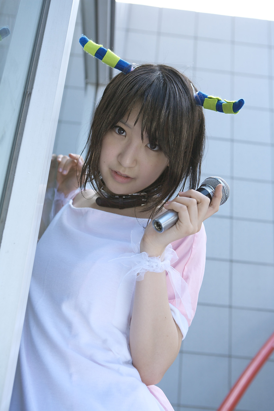richi, linda (boku to maou), boku to maou, highres, photo (medium), apron, cosplay, dress, horns, microphone