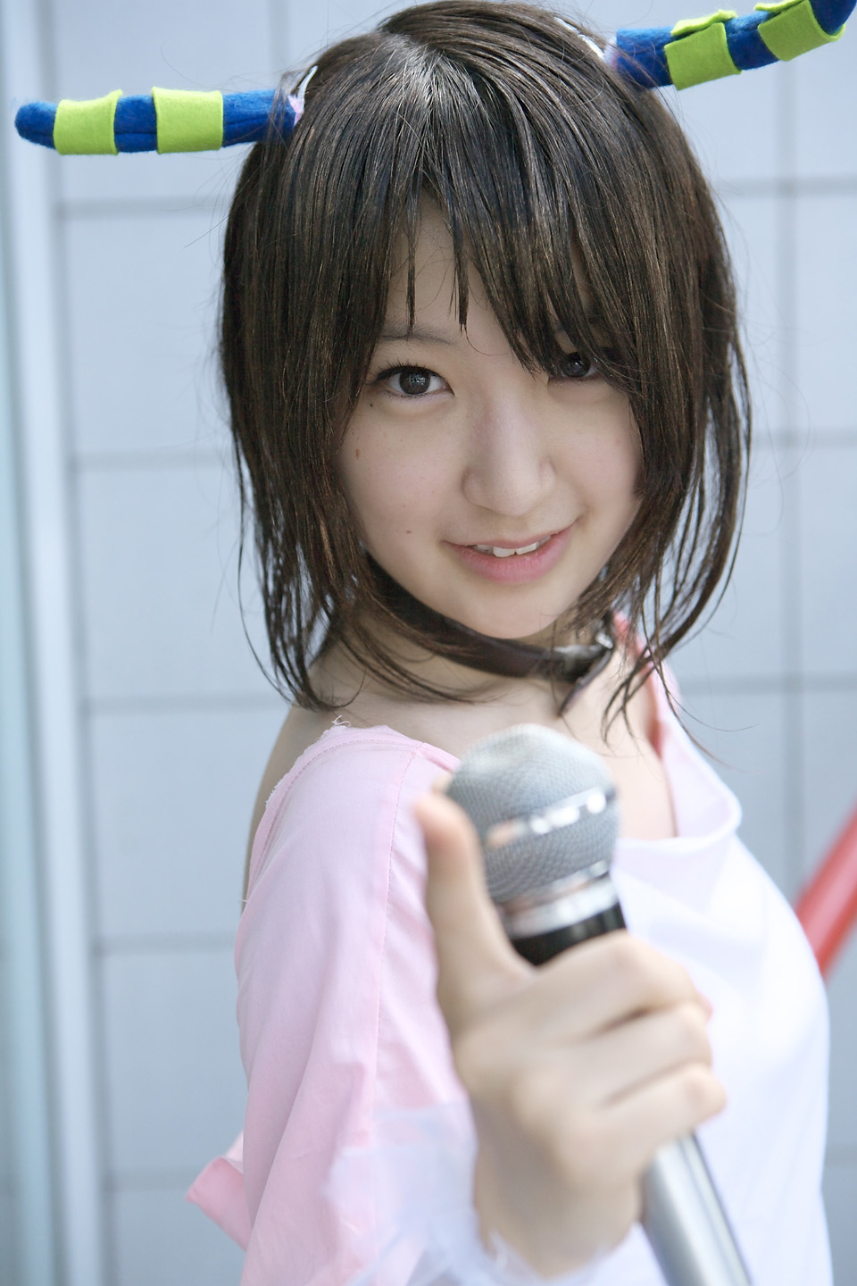 richi, linda (boku to maou), boku to maou, highres, photo (medium), apron, cosplay, dress, horns, microphone