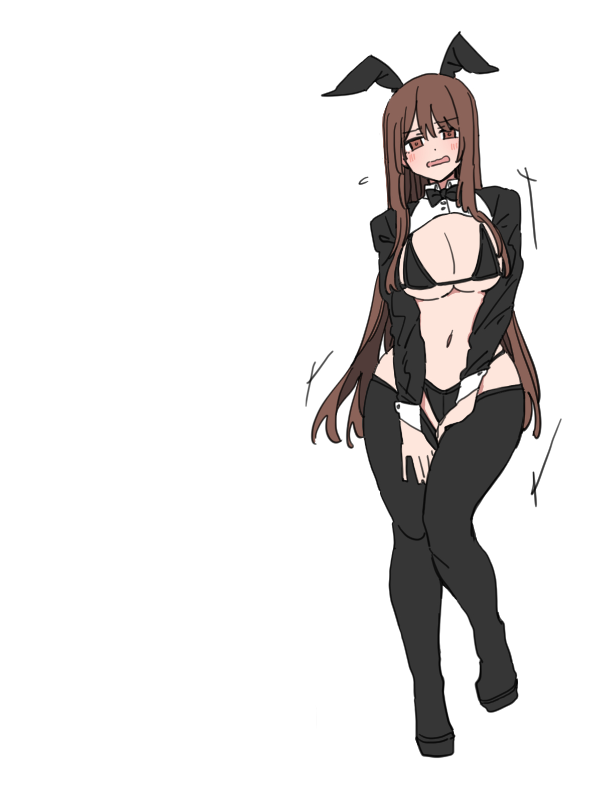 durindana 7, original, highres, tagme, animal ears, bikini, black bikini, breasts, brown eyes, brown hair, large breasts, long hair, navel, rabbit ears, simple background, swimsuit, thighhighs