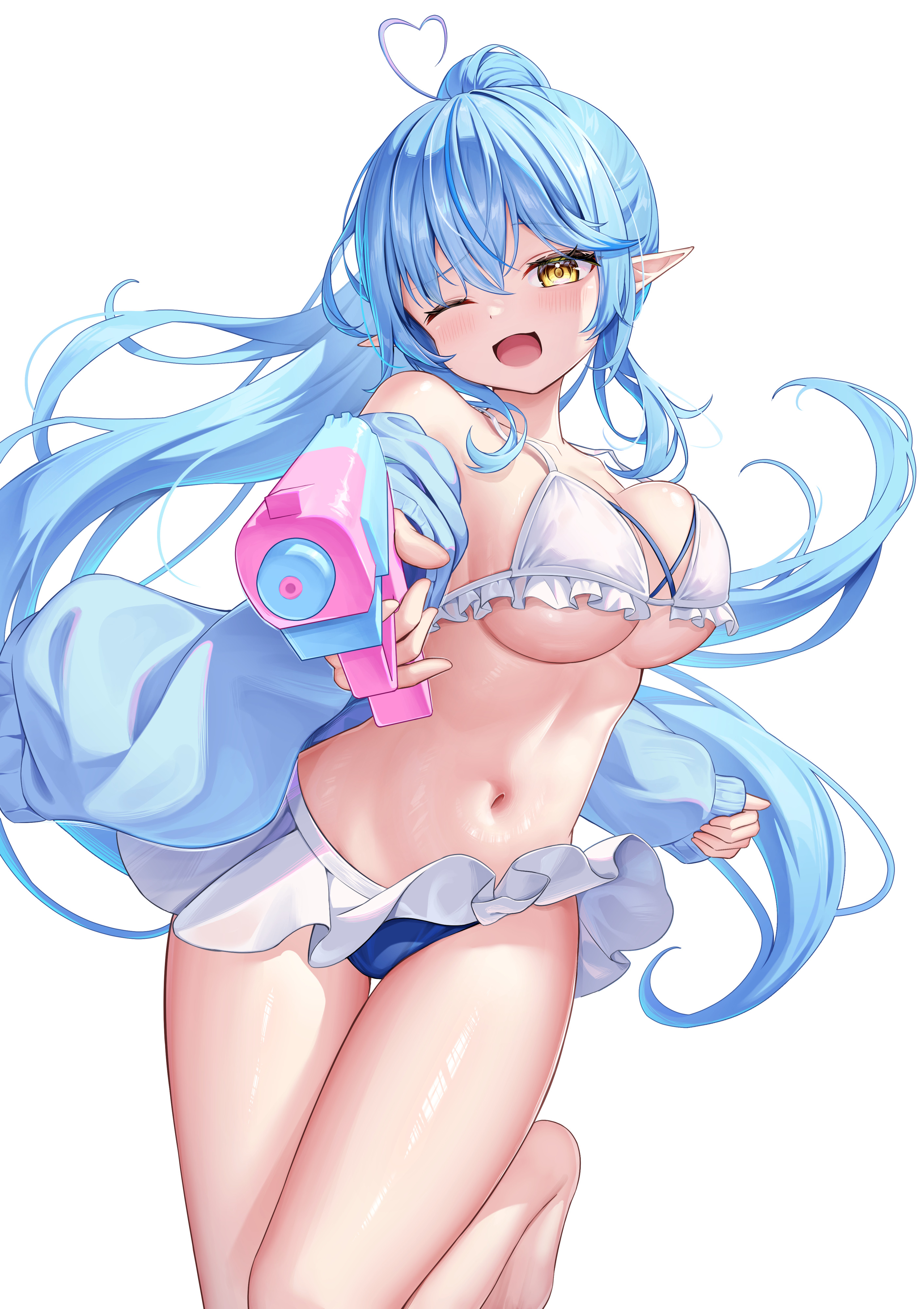 kag tsukimi, yukihana lamy, holofive, hololive, absurdres, highres, 1girl, ;d, ahoge, alternate costume, barefoot, bikini, bikini skirt, blue hair, blue jacket, blurry, blurry background, breasts, cleavage, cloud, crossed bangs, day, double-parted bangs, elf, hair between eyes, heart, heart ahoge, holding, holding water gun, jacket, jacket over swimsuit, large breasts, long hair, looking at viewer, multicolored hair, navel, off shoulder, one eye closed, open mouth, outdoors, outstretched arm, pointy ears, ponytail, simple background, smile, solo, stomach, streaked hair, swimsuit, very long hair, virtual youtuber, water gun, white background, white bikini, yellow eyes