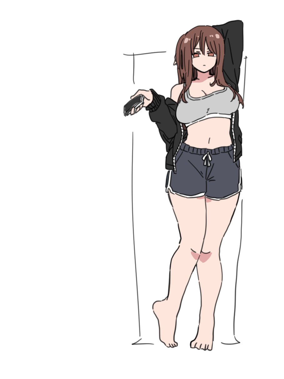 durindana 7, original, highres, tagme, bra, breasts, brown eyes, brown hair, cellphone, grey bra, grey sports bra, large breasts, long hair, phone, shorts, simple background, single off shoulder, smartphone, sports bra, standing, underwear, white background