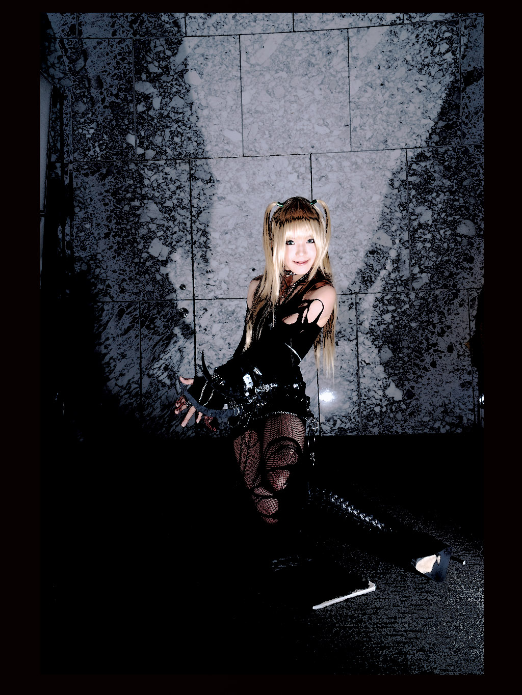 kipi-san, amane misa, death note, blade, highres, photo (medium), 1girl, amane misa (cosplay), asian, blonde hair, boots, breasts, cosplay, death note (object), elbow gloves, female focus, fingerless gloves, fishnet pantyhose, fishnet thighhighs, fishnets, gloves, high heel boots, high heels, indoors, jewelry, lace, lace-up boots, long hair, looking at viewer, miniskirt, mole, necklace, pantyhose, skirt, small breasts, solo, thighhighs, torn clothes, two side up