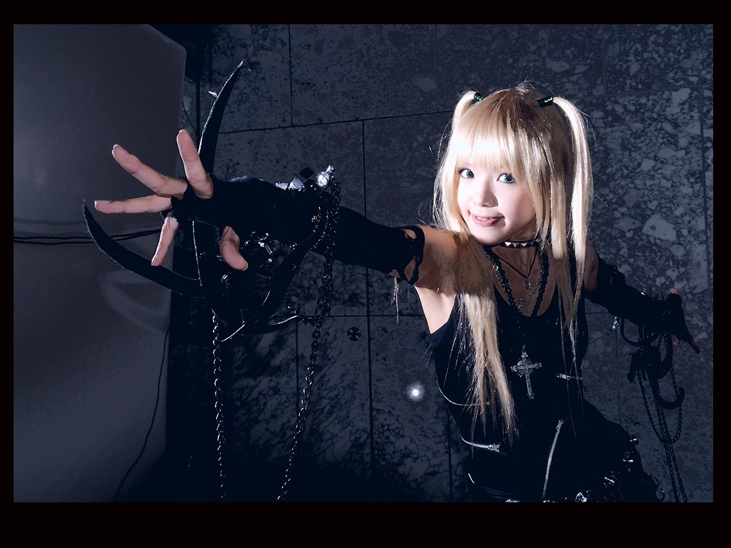 kipi-san, amane misa, death note, blade, photo (medium), 1girl, amane misa (cosplay), asian, blonde hair, blue eyes, breasts, color contacts, cosplay, cross, cross necklace, elbow gloves, female focus, fingerless gloves, fishnet thighhighs, fishnets, gloves, indoors, jewelry, lace, long hair, looking at viewer, necklace, small breasts, solo, thighhighs, torn clothes, two side up