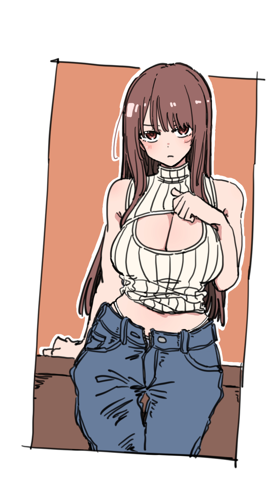 durindana 7, original, highres, tagme, bare shoulders, breast suppress, breasts, brown eyes, brown hair, cleavage cutout, clothing cutout, denim, jeans, large breasts, long hair, midriff, pants, simple background