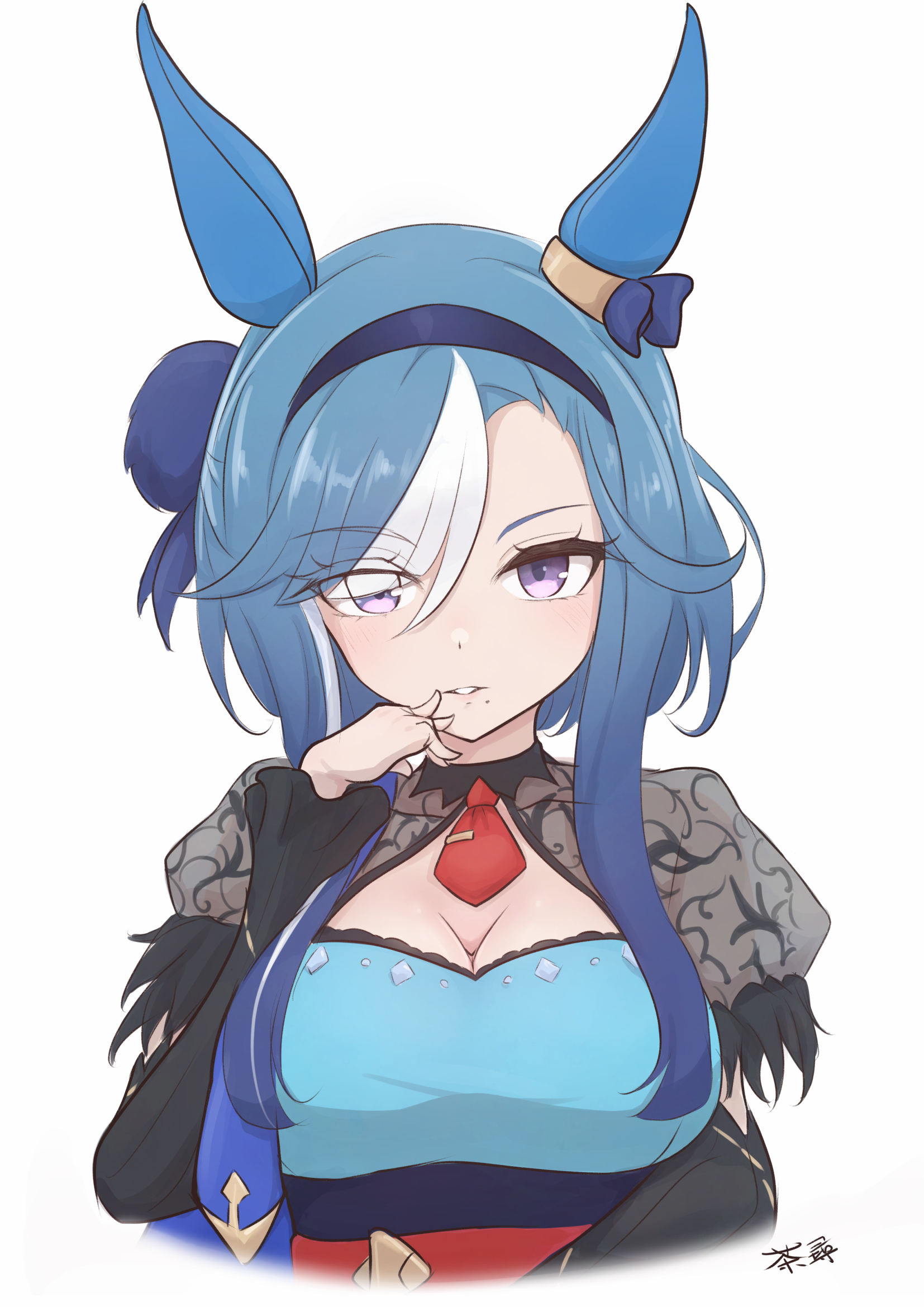 chahiro, admire groove (umamusume), umamusume, highres, 1girl, animal ears, blue dress, blue hair, blush, breasts, cleavage, dress, ear covers, ear ornament, hairband, horse ears, horse girl, lace, lace trim, large breasts, long hair, long sleeves, looking at viewer, mole, mole under mouth, multicolored hair, necktie, parted lips, purple eyes, red necktie, short necktie, simple background, smile, streaked hair, teeth, two-tone hair, upper body, white background, white hair