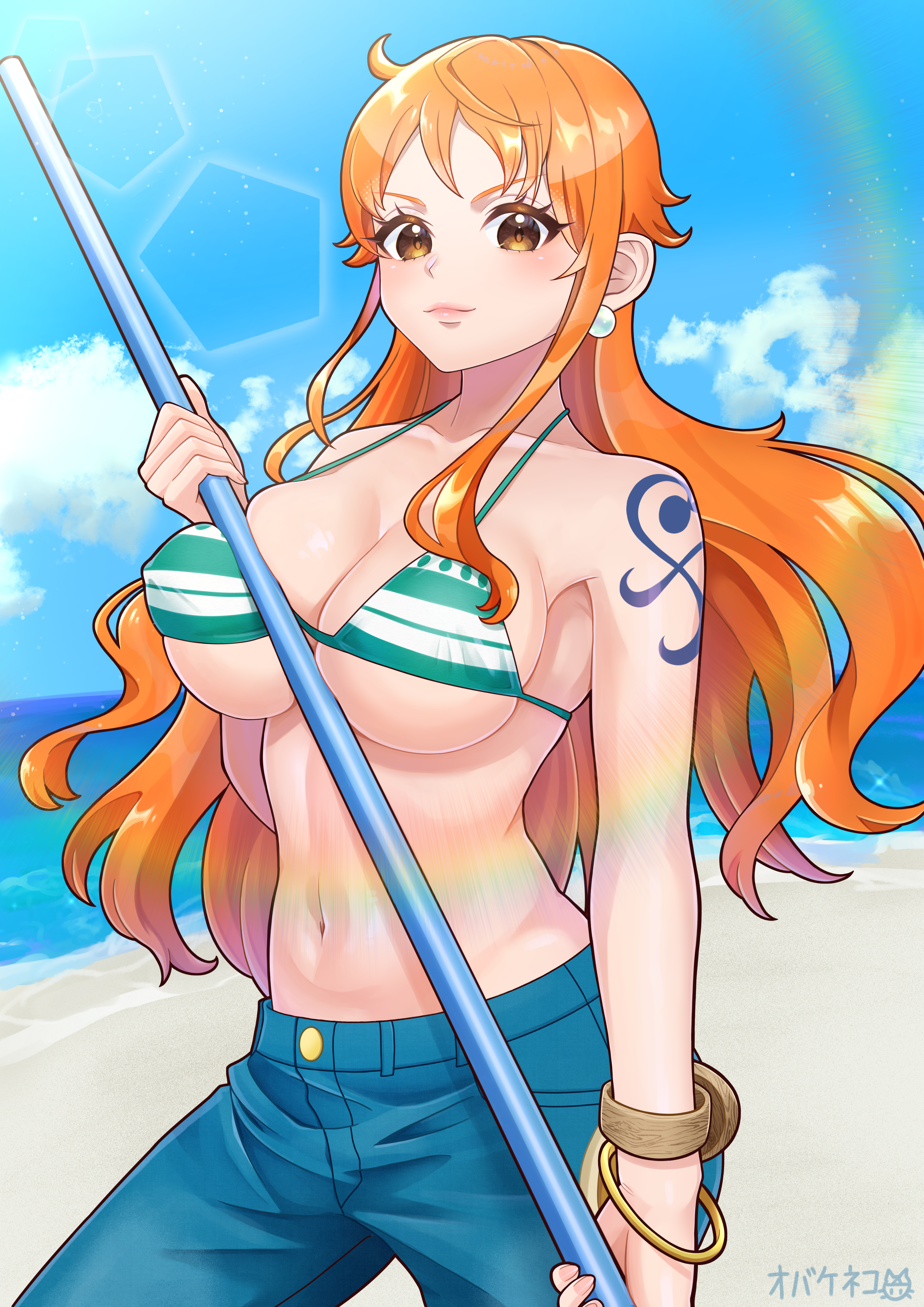 obakeneko, nami (one piece), one piece, absurdres, commentary request, highres, 1girl, bangle, bare shoulders, bikini, bikini top only, blue pants, blue sky, blush, bracelet, breasts, brown eyes, cleavage, clima-tact, closed mouth, cloud, cloudy sky, collarbone, cowboy shot, denim, earrings, green bikini, halterneck, holding, holding staff, horizon, jeans, jewelry, large breasts, lips, log pose, long hair, looking at viewer, navel, ocean, orange hair, outdoors, pants, pearl earrings, pink lips, sandals, shoulder tattoo, sky, solo, staff, stomach, string bikini, sunlight, swimsuit, tattoo, wavy hair