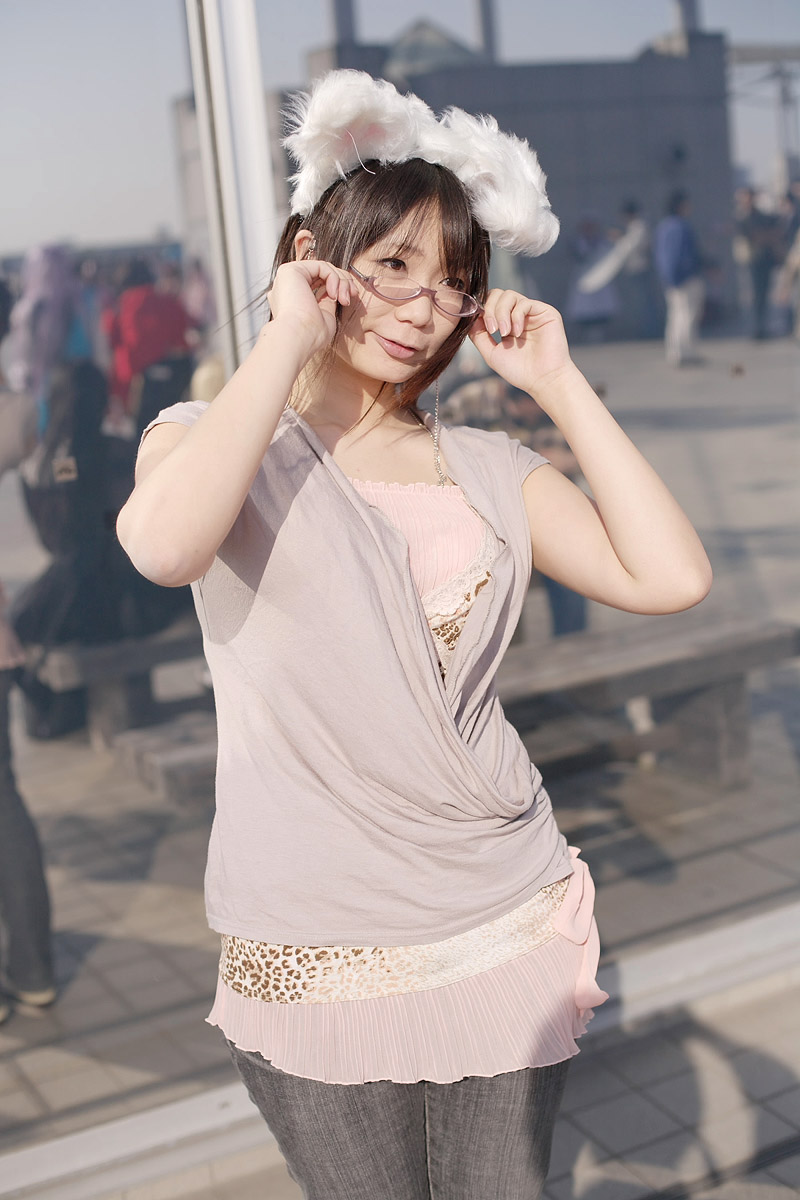 chocoball, character request, highres, photo (medium), source request, animal ears, asian, cosplay, denim, glasses, jeans, pants