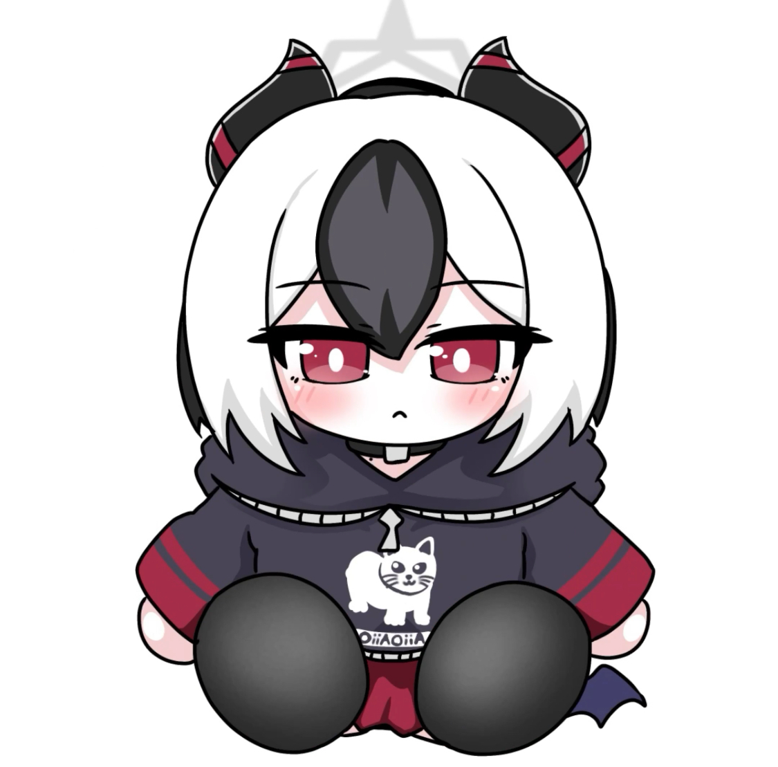 tomimon, kayoko (blue archive), blue archive, commentary request, 1girl, black hair, black hoodie, black shoes, blush, chibi, closed mouth, full body, hair between eyes, halo, happy happy happy cat (meme), hood, hood down, hoodie, looking at viewer, meme, multicolored hair, red eyes, red skirt, shoe soles, shoes, simple background, sitting, skirt, solo, two-tone hair, white background, white hair