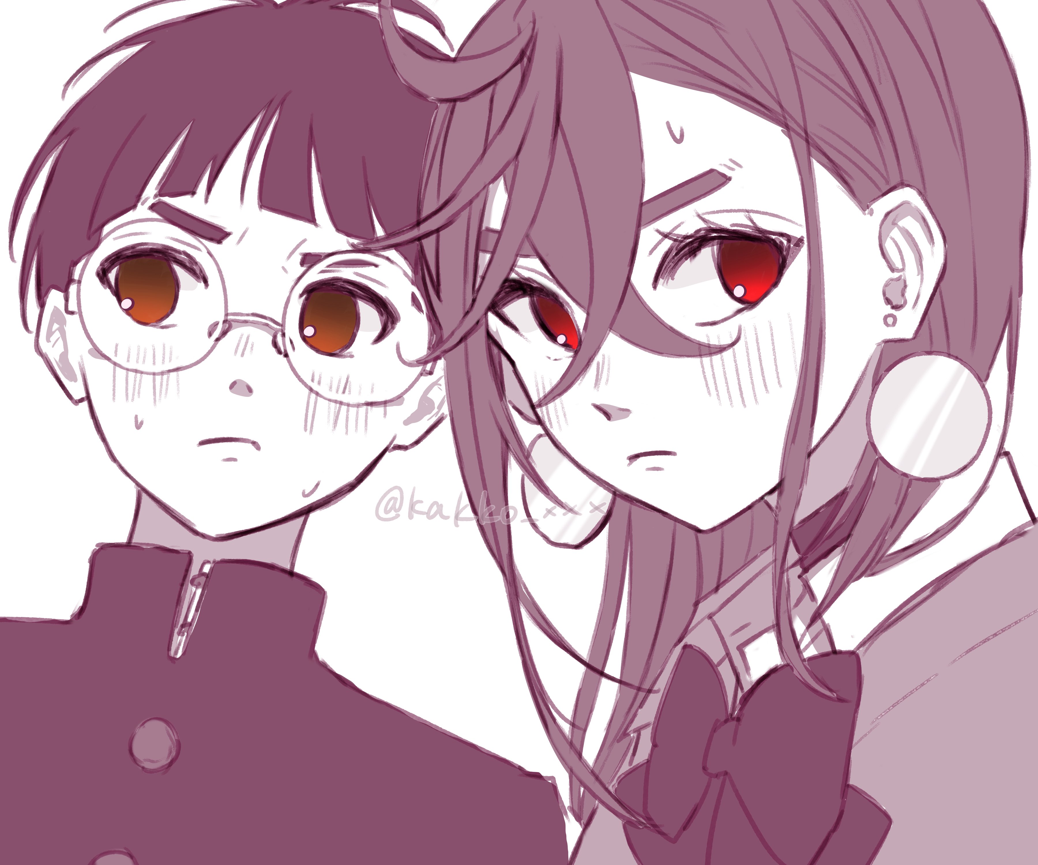 ayase momo, takakura ken (dandadan), dandadan, absurdres, commentary, highres, symbol-only commentary, 1boy, 1girl, averting eyes, blush, bow, bowtie, brown eyes, choker, closed mouth, collared shirt, crossed bangs, earrings, gakuran, glasses, hair behind ear, hair between eyes, jewelry, kakko xxx, kami high school uniform, looking at viewer, medium hair, official alternate hairstyle, red eyes, round eyewear, school uniform, shirt, short hair, sweat, sweatdrop, twitter username, upper body