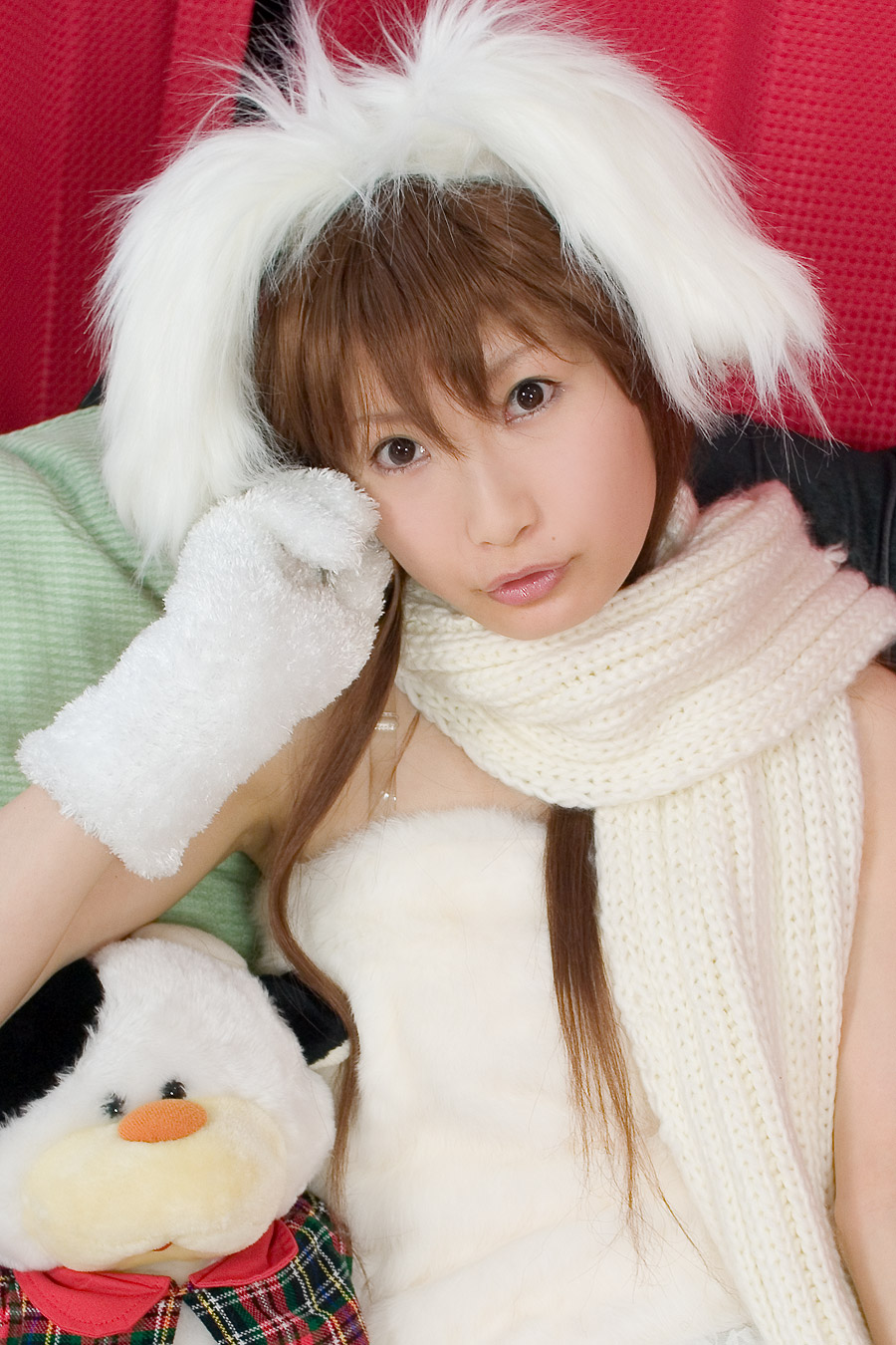 highres, photo (medium), animal ears, cosplay, dog ears, fuzzy shirt, gloves, hina, scarf, stuffed animal, stuffed toy