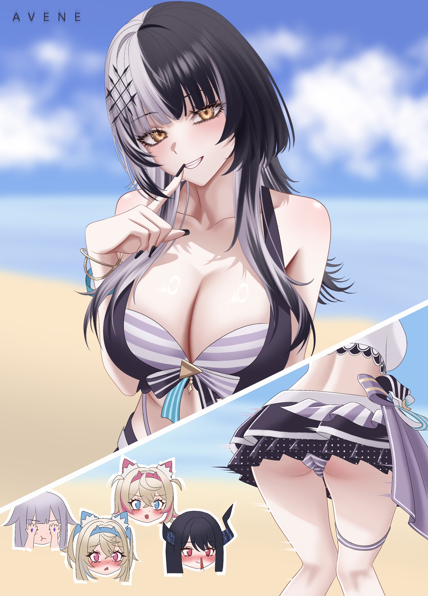fuwawa abyssgard, koseki bijou, mococo abyssgard, nerissa ravencroft, shiori novella, holoadvent, hololive, hololive english, commentary, english commentary, highres, 1girl, ass, avene chan, beach, bikini, bikini skirt, black hair, black nails, blood, blue sky, blunt bangs, blurry, blurry background, bracelet, breasts, chibi, chibi inset, cleavage, cloud, day, front-tie bikini top, front-tie top, grey hair, grin, hair ornament, hand up, highleg, highleg bikini, hololive summer 2023 swimsuit, jewelry, large breasts, layered bikini, long hair, looking at viewer, median furrow, multicolored hair, multiple views, nail polish, navel, nosebleed, official alternate costume, outdoors, sky, smile, split-color hair, stomach, striped bikini, striped clothes, swimsuit, virtual youtuber, yellow eyes