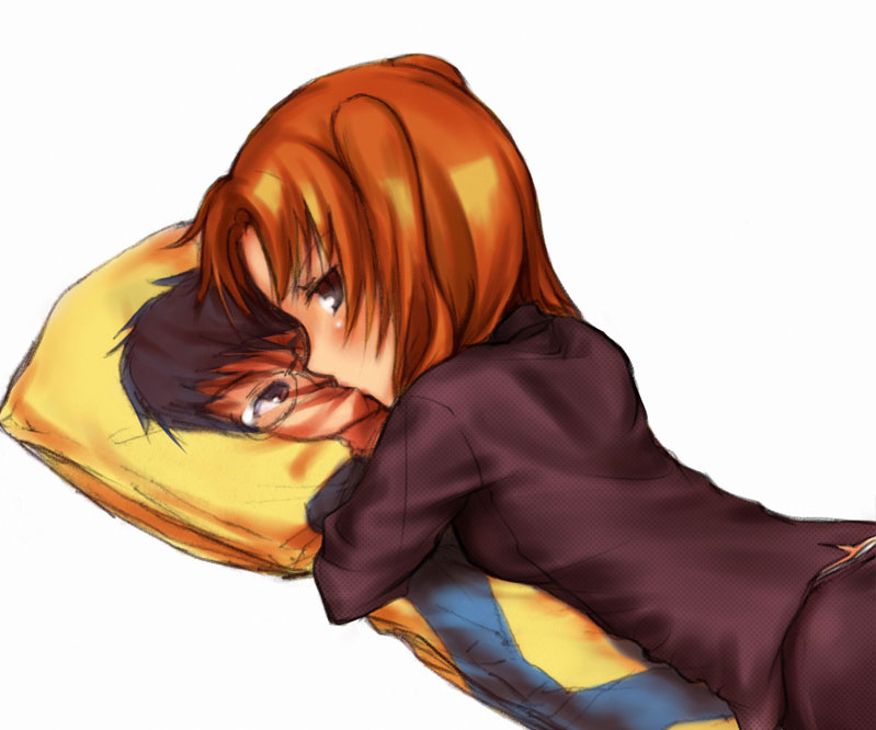tohno shiki, yumizuka satsuki, tsukihime, 00s, 1girl, blush, brown hair, dakimakura (object), hugging object, kiss, lonely, panties, pillow, pillow hug, underwear
