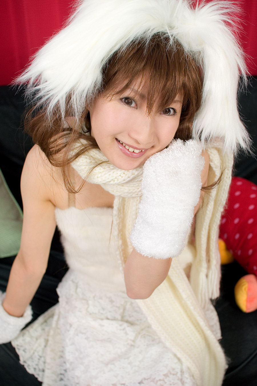highres, photo (medium), animal ears, cosplay, dog ears, fuzzy shirt, gloves, hina, scarf, skirt, stuffed animal, stuffed toy
