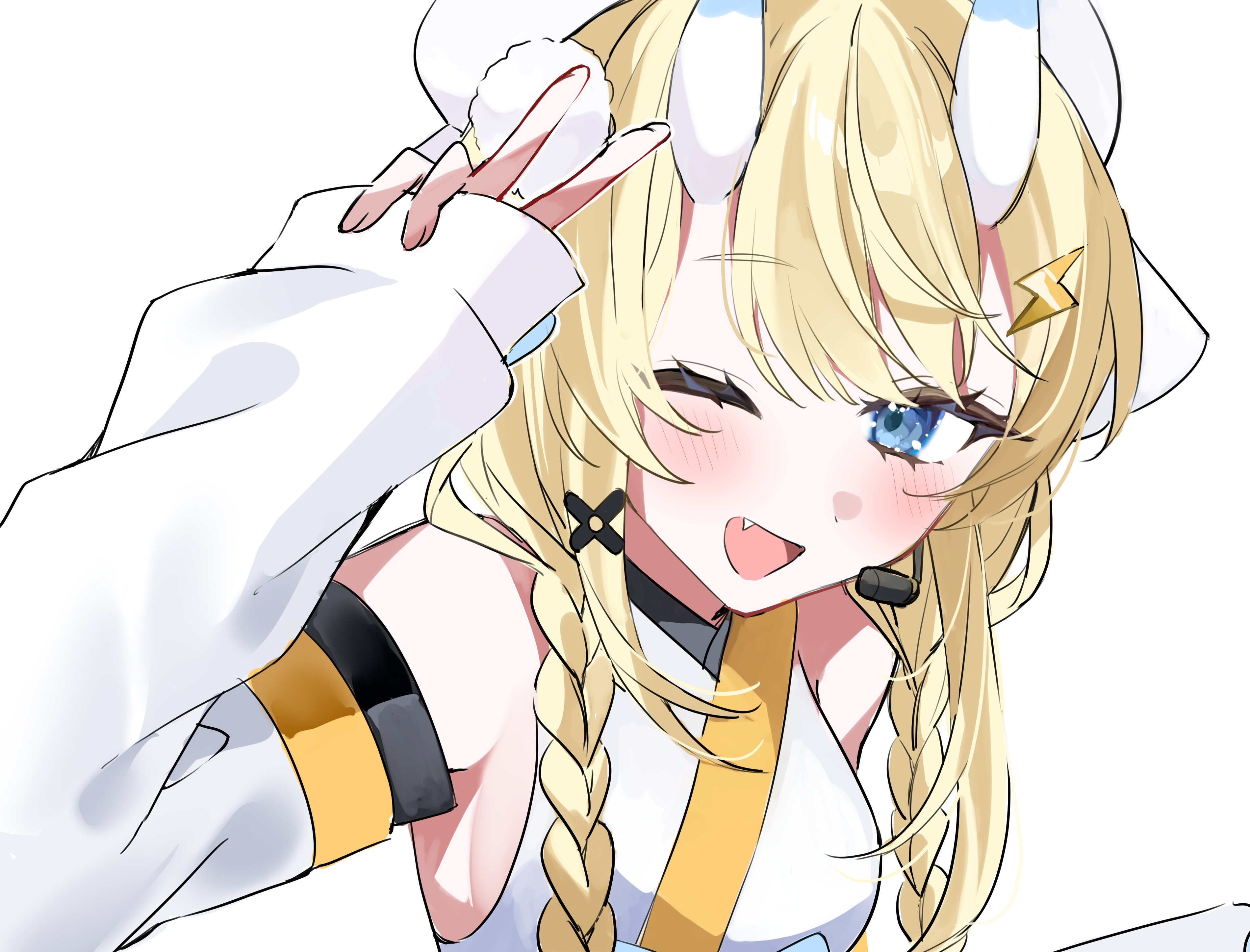 ooo00 cha, kadou mikaru, nijisanji, absurdres, highres, 1girl, :d, arm up, armpits, bare shoulders, blonde hair, blue eyes, blue horns, blush, braid, breasts, detached sleeves, fang, from above, hair ornament, hair over shoulder, hat, headset, horns, japanese clothes, kimono, large breasts, lightning bolt, lightning bolt hair ornament, lightning bolt symbol, long sleeves, looking at viewer, low twin braids, multicolored horns, no jacket, one eye closed, open mouth, pom pom (clothes), pom pom hair ornament, puffy long sleeves, puffy sleeves, sidelocks, simple background, sleeves past wrists, smile, solo, twin braids, two-tone horns, upper body, v, virtual youtuber, white background, white hat, white horns, white kimono, x hair ornament