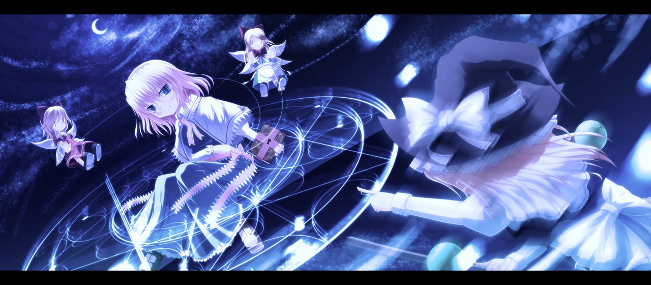 sakura tsuki inaba, alice margatroid, hourai doll, kirisame marisa, shanghai doll, touhou, md5 mismatch, 2girls, blonde hair, crescent moon, female focus, letterboxed, magic circle, moon, multiple girls