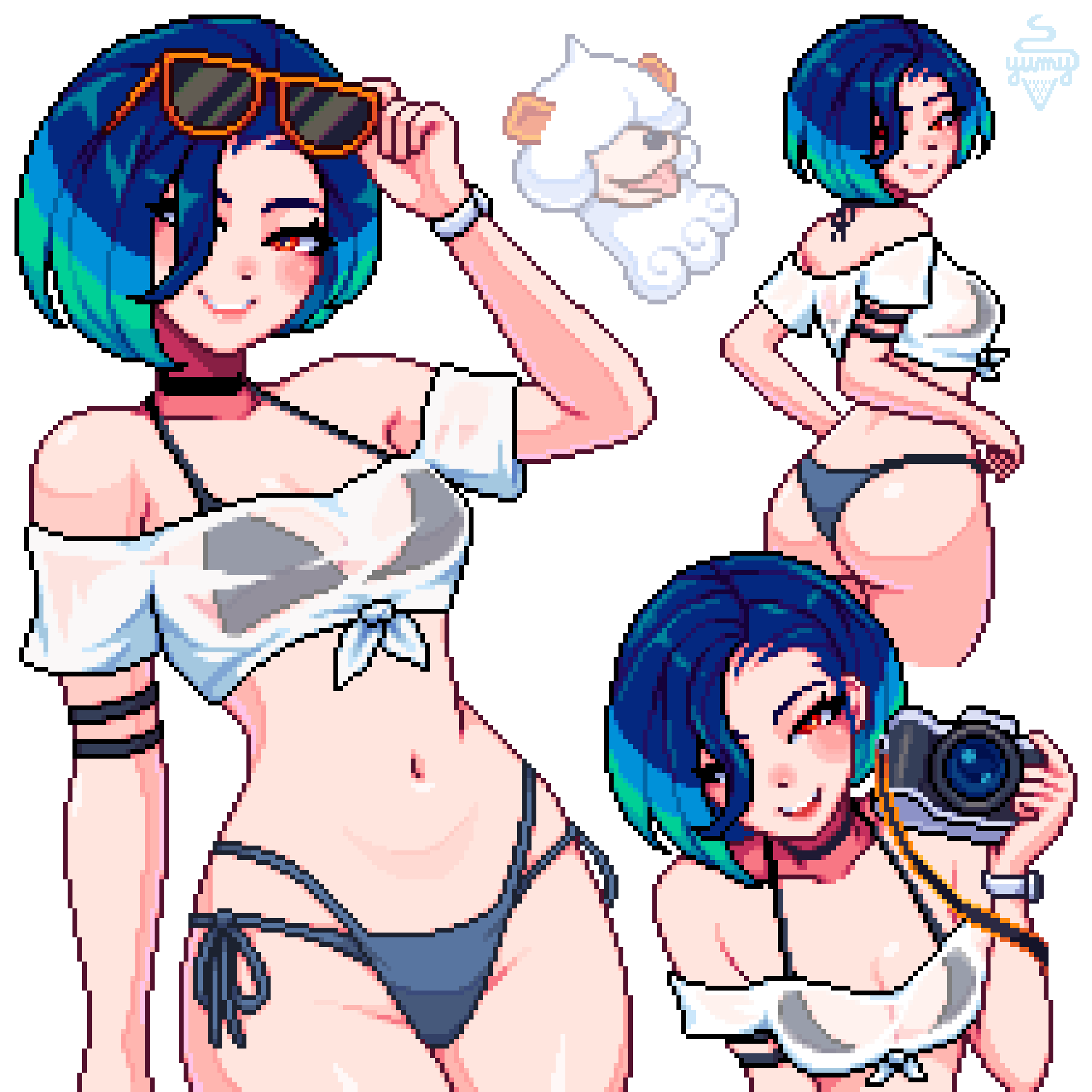yumykon, hisuian growlithe, perrin (pokemon), nintendo, pokemon, pokemon sv, highres, 1girl, adjusting eyewear, armband, ass, bare shoulders, bikini, black armband, black choker, blue bikini, blue hair, blush, bob cut, breasts, brown eyes, camera, choker, cleavage, collarbone, gradient hair, holding, holding camera, looking at viewer, medium breasts, multicolored hair, navel, off-shoulder shirt, off shoulder, open mouth, see-through clothes, see-through shirt, shirt, short hair, smile, stomach, sunglasses, swimsuit, teeth, tied shirt, tongue, tongue out, watch, white shirt, wristwatch