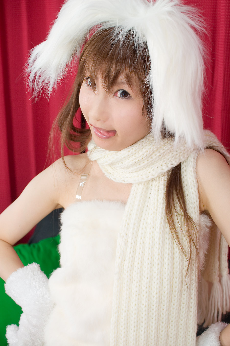 highres, photo (medium), animal ears, cosplay, dog ears, fuzzy shirt, gloves, hina, scarf