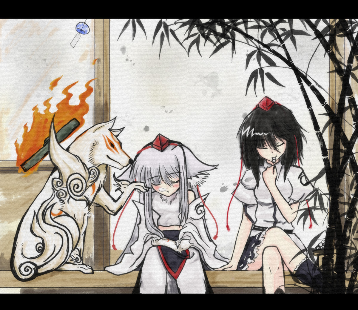 auer, amaterasu (ookami), inubashiri momiji, shameimaru aya, capcom, ookami (game), touhou, bad id, bad pixiv id, 2girls, animal ears, bamboo, black hair, crossover, dango, dog ears, eating, food, hat, letterboxed, multiple girls, nose bubble, poking, porch, sidelocks, sitting, sleeping, tokin hat, veranda, wagashi, white hair, wind chime, wolf, wolf ears