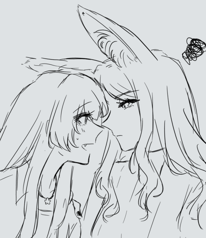 niigouki, chihaya anon, nagasaki soyo, bang dream!, bang dream! it's mygo!!!!!, 2girls, animal ears, closed mouth, eye contact, fang, fox ears, grey background, greyscale, long hair, looking at another, monochrome, multiple girls, open mouth, simple background, squiggle, sweatdrop